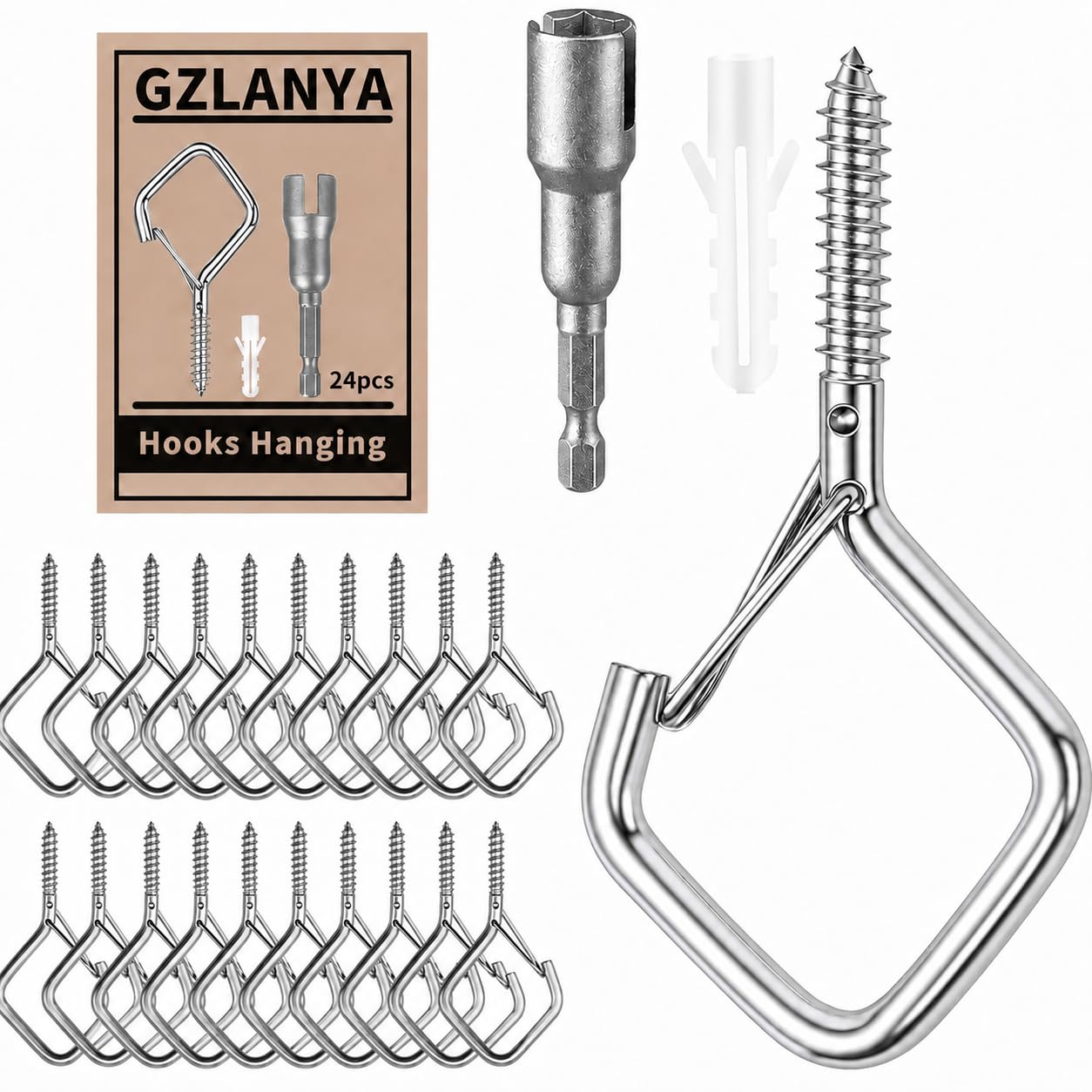 Heavy-Duty Screw-In Hooks with Safety Buckle, 2.16 Inch Metal Ceiling Hooks for Hanging Plants and Outdoor String Lights, Windproof Eye Hooks Screw for Patio, Lights, Bird Feeders (Silver, 24 Pcs)