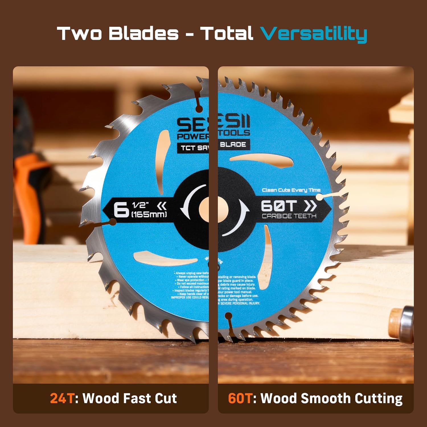 Seesii 6-1/2" Circular Saw Blades, 24T & 60T 2-Pack Combo, 5/8" Arbor, Carbide Tipped Teeth, Thin Kerf, Heavy Duty TCT Saw Blades for Wood MDF OSB Plywood Plastic Cutting, Fine & Ultra Finish