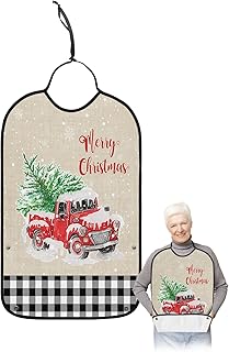BOBOWUNY Christmas Truck Adult Bibs for Elder Women Men Eating, Black White Plaid Xmas Tree Snowflake Waterproof & Washable Bibs for Eating Clothing Protector Dining Bibs for Crumb Catcher