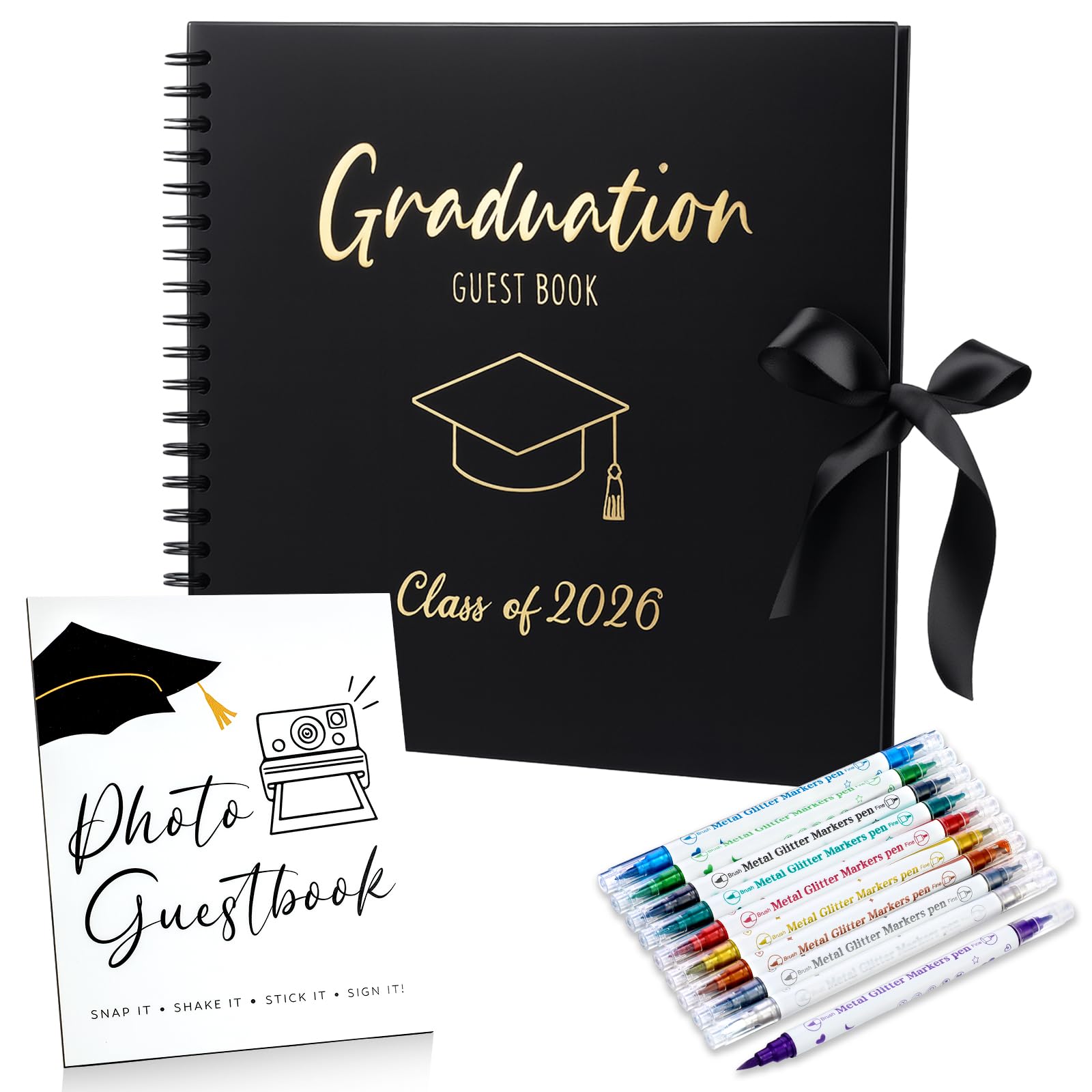 Photo 1 of 12 Pcs 2026 Graduation Guest Book with Photo Sign Decor 80 Pages Class of 2026 Scrapbook Photo Album with 10 DIY Dual Tip Metallic Markers Pens Gift, Exclude Camere(Graduation Cap,Black,12 Inches)