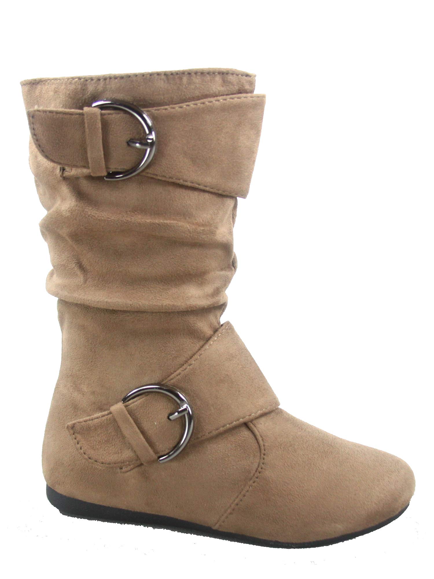 Link Klein-70K Girl's Kid's Faux Suede Two Buckle Zipper Flat Heel Mid Calf Slouchy Boot Shoes