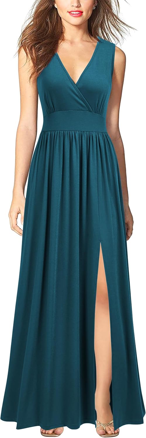 WOOSEA Women Sleeveless Deep V Neck Split Loose Sexy Plain Long Maxi Casual Dress