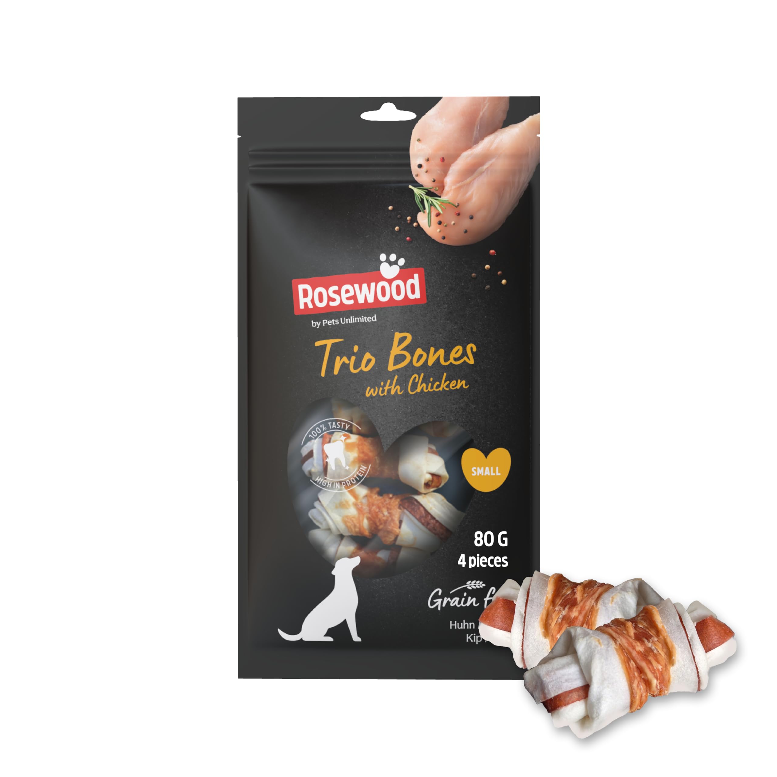 Rosewood Trio Bones Huhn Small – Feste Kauknochen mit Huhn, Kausnack aus Rinderhaut für kleine Hunde, unterstützt die Zahnpflege, ohne Getreide, ohne künstliche Zusatzstoffe, 80 g