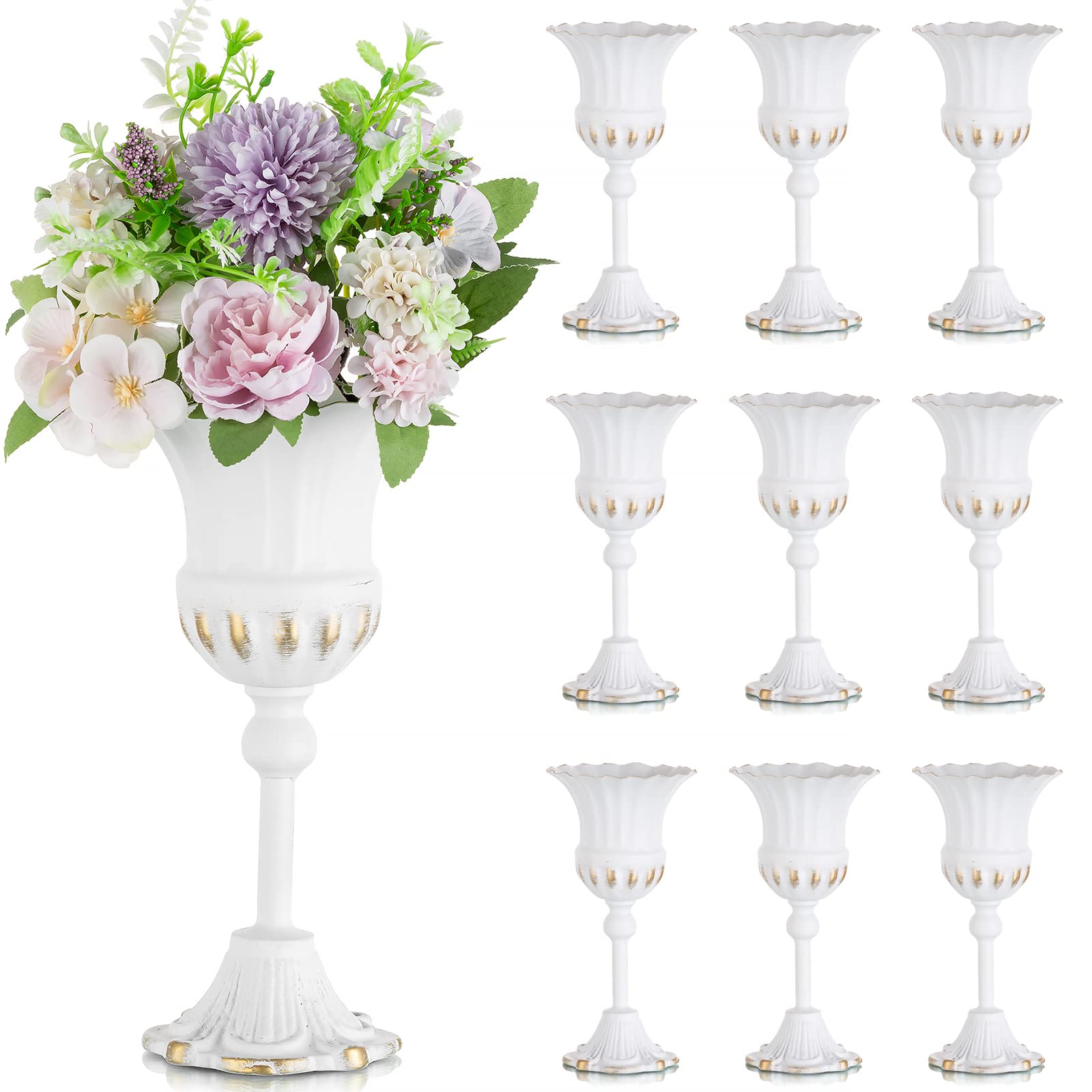 Sziqiqi White Metal Urn Vase for Flowers - 10Pcs Cast Iron Vintage Flower Arrangement Pots for Wedding Table Centerpiece, Trumpet Planter Urn for Anniversary Ceremony Party Birthday Decoration, 24cm