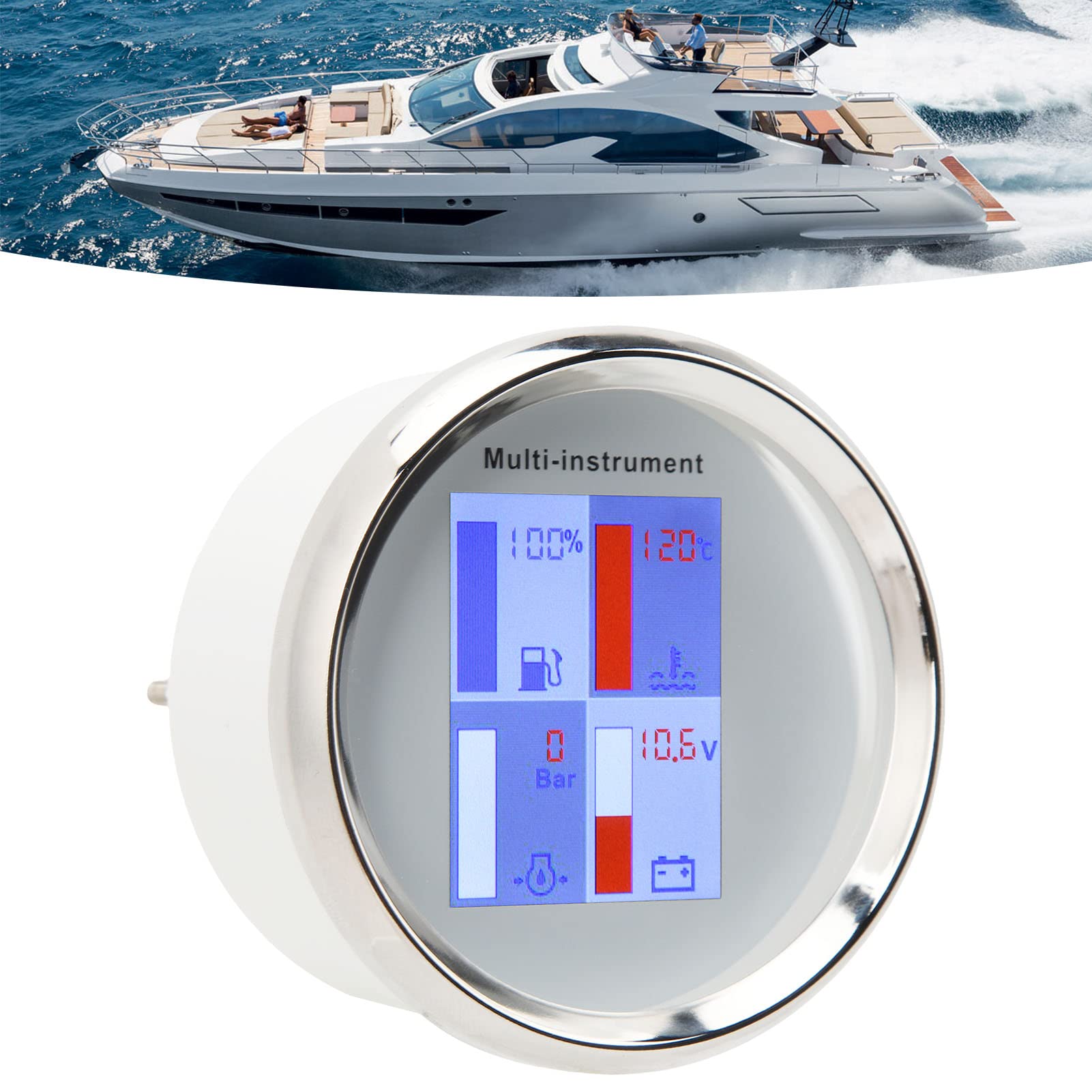Kraftstoffstandsanzeige, Voltmeter, Anti-Schock, Digitale Multifunktionsanzeige, Hohe Präzision für Yachten, Schiffe (Weißes Zifferblatt, weiße Frontabdeckung 910)