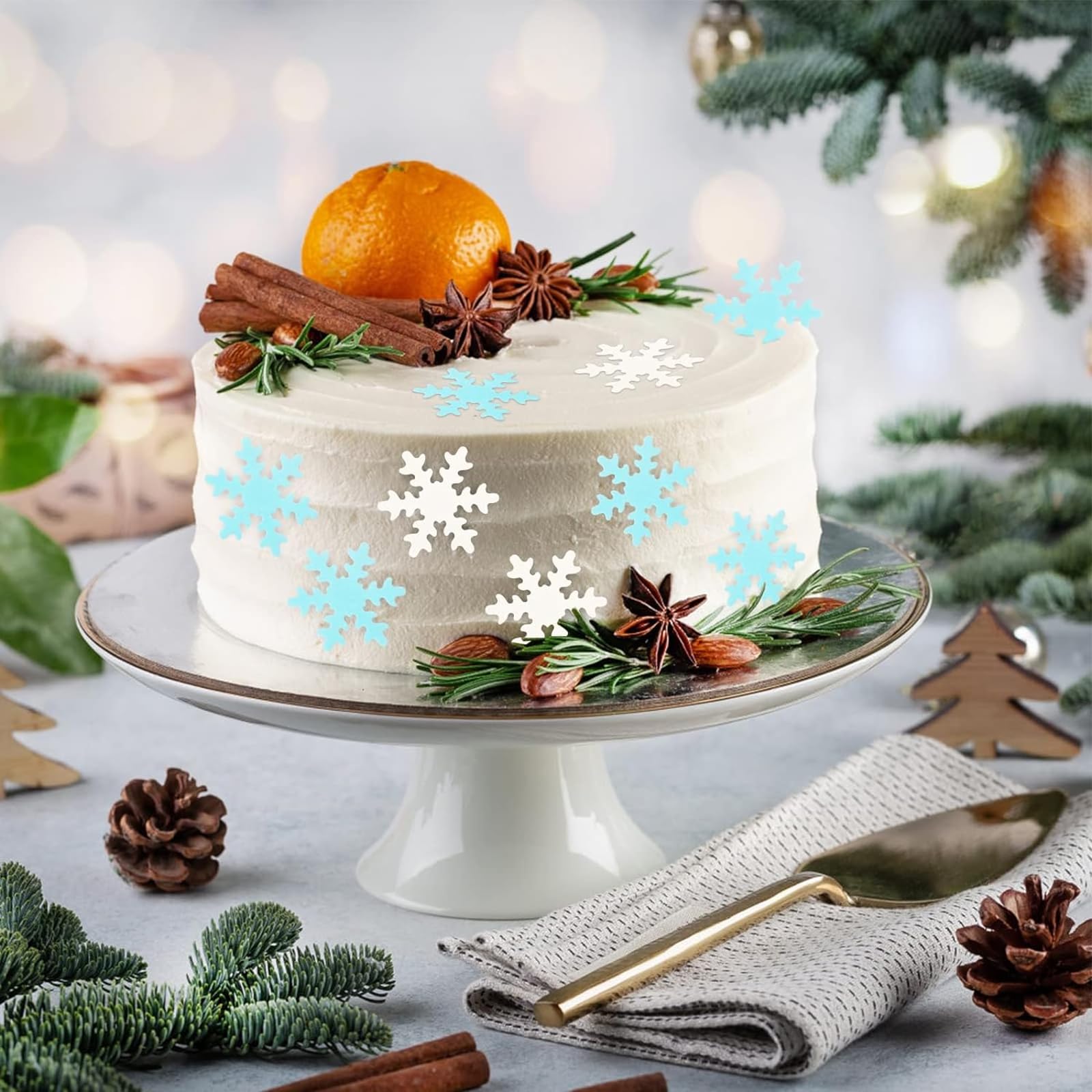50 Stück Schneeflocken Tortendeko – Essbare Kuchen-Topper In Blau & Weiß, Für Winter-, Weihnachts- & Geburtstagspartys
