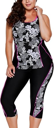 joo meryer Women 2pcs الأزهار المطبوعة Racerback Tankini المايوه مع السباحة Capris Plus الحجم M-XXL