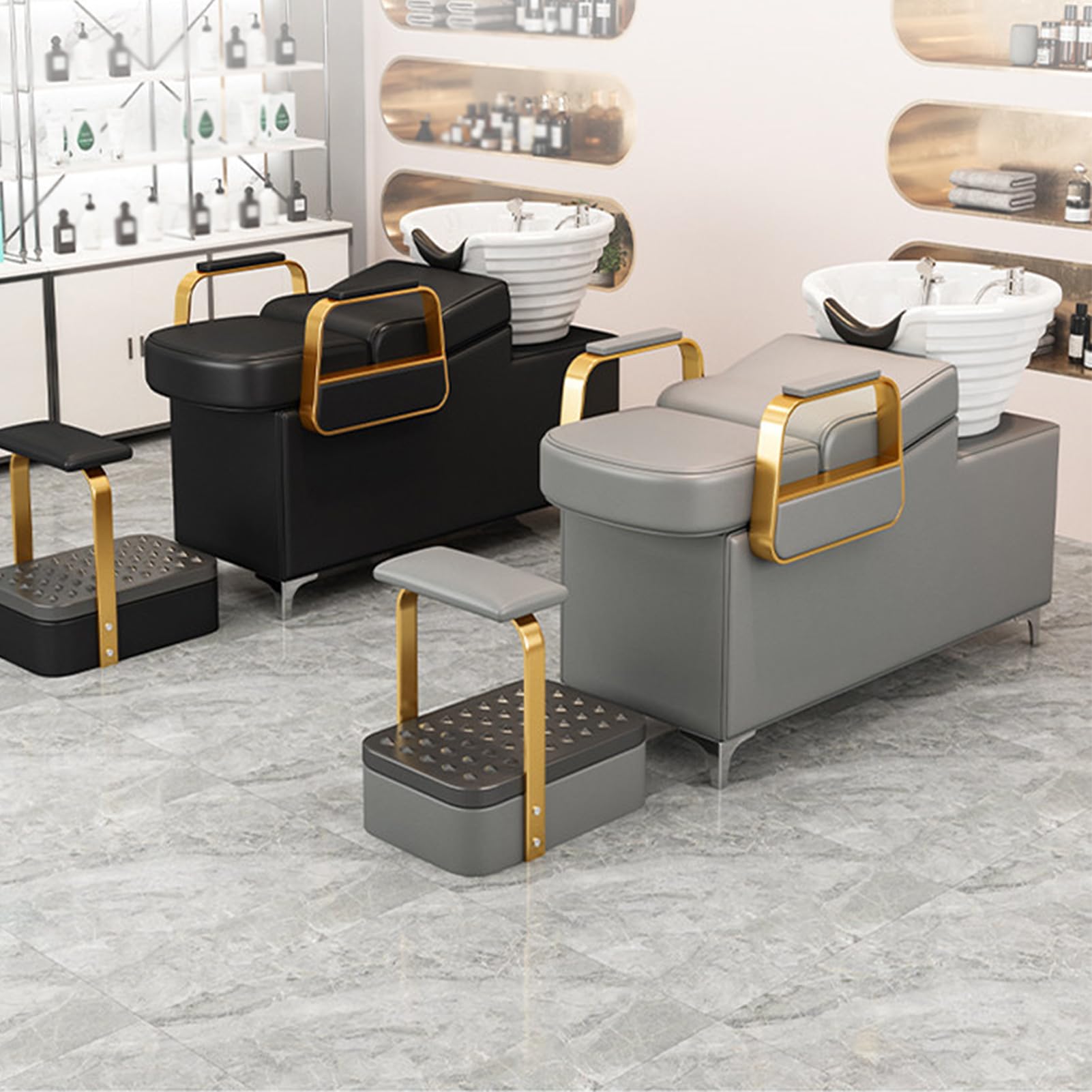 Krzesło do mycia włosów z ceramiczną misą i podparciem na nogi, stanowisko do mycia włosów, wyposażenie salonu fryzjerskiego i kosmetycznego.,L