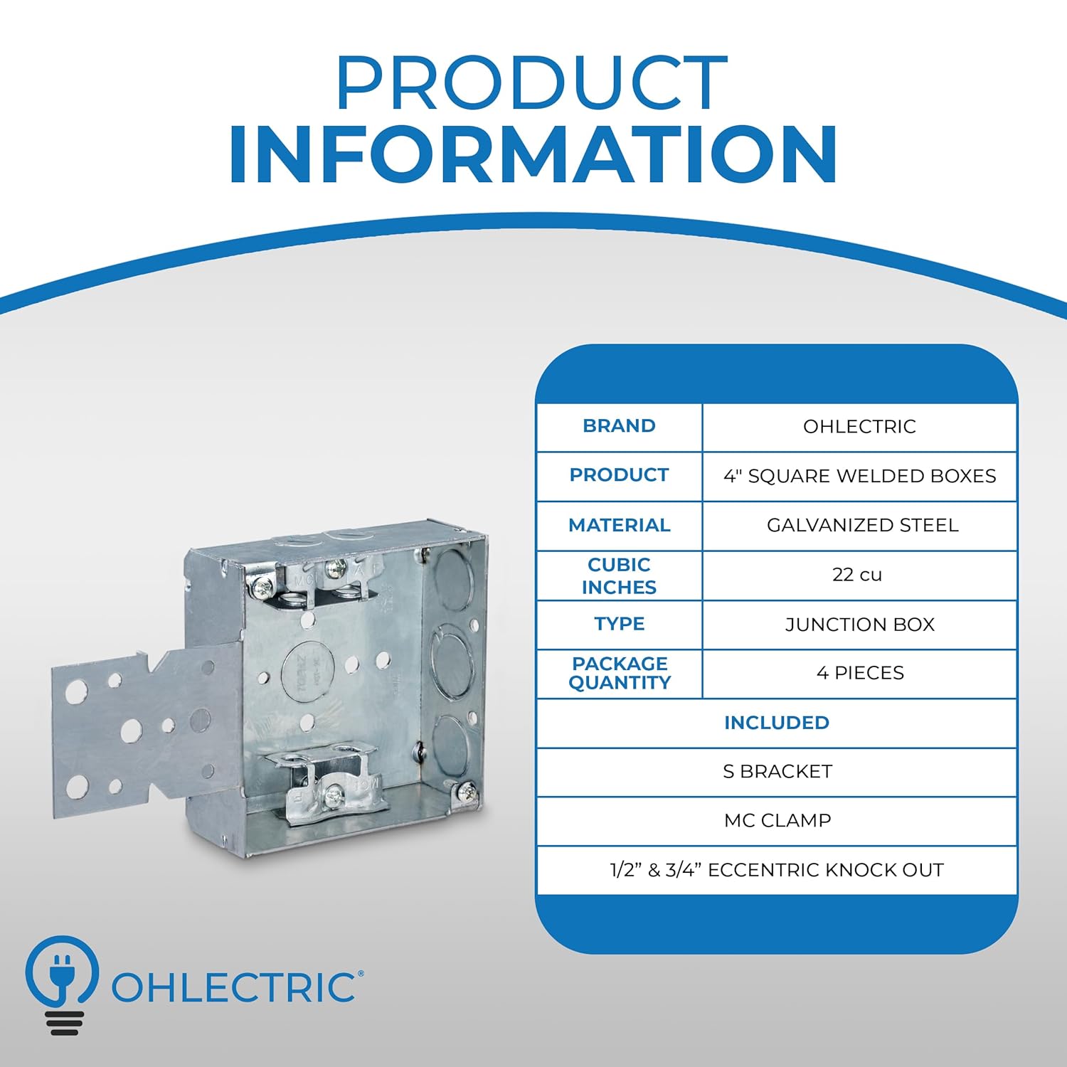 OHLECTRIC 4" Square Welded 1-1/2" deep 1/2" & 3/4" Eccentric KO with MC clamp & S Bracket – Made of Galvanized Steel, Welded Junction Boxes are Installed in Walls or Ceilings (Pack of 4)