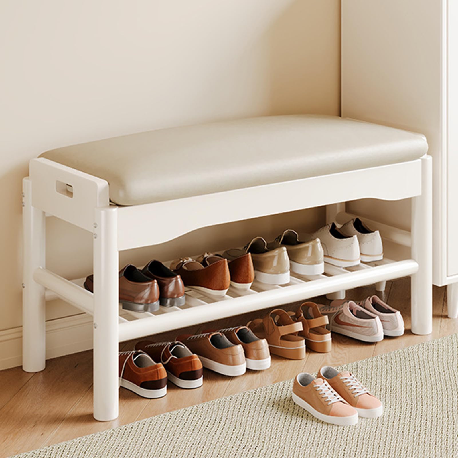 Banc à chaussures d'entrée haut de gamme blanc chaud assise rembourrée premium 45cm