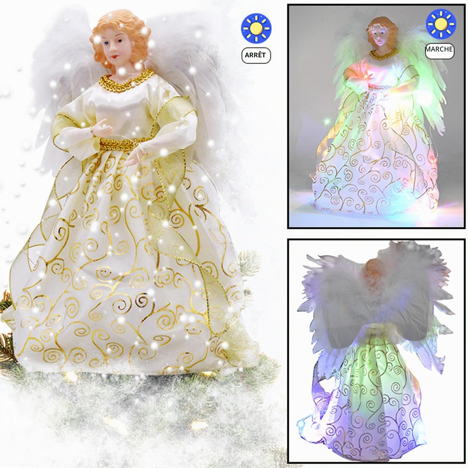 Décoration de sapin de Noël en tissu avec ange lumineux de 32 cm pour sommet du sapin de Noël, décoration de fête pour la maison (04)