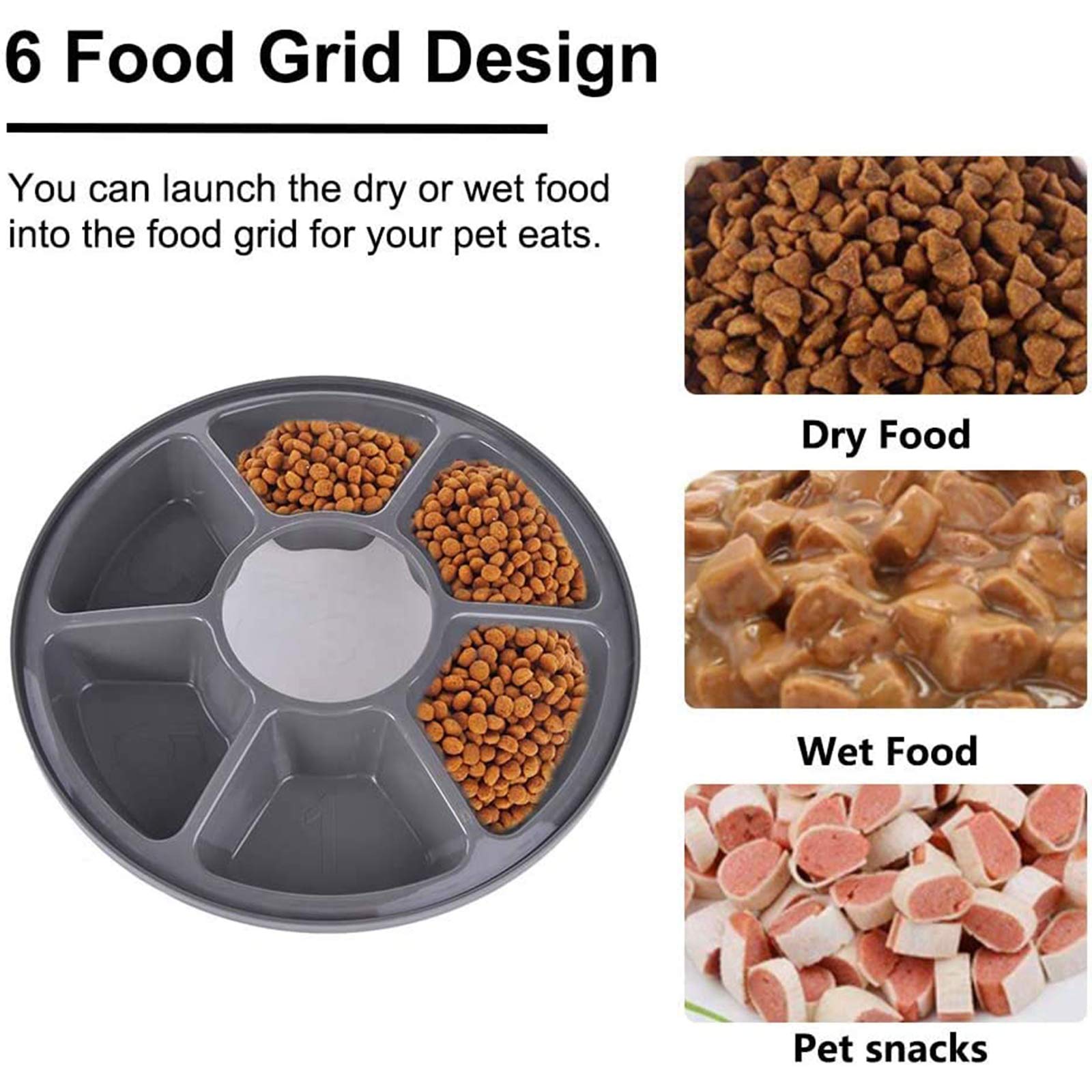 Alimentatore Automatico per Cani E Gatti, Distributore di Cibo Secco O Umido, 6 Vassoi con Controllo delle Porzioni, Timer Digitale Programmabile con Display LCD, Registratore Vocale