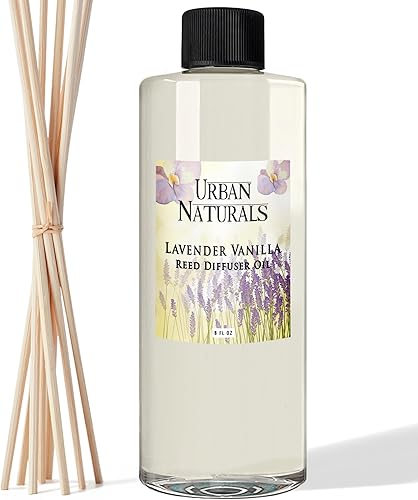 Urban Naturals Repuesto de difusor de varillas de aceite esencial de vainilla de lavanda Tamaño grande de 8 onzas Incluye un juego gratis de