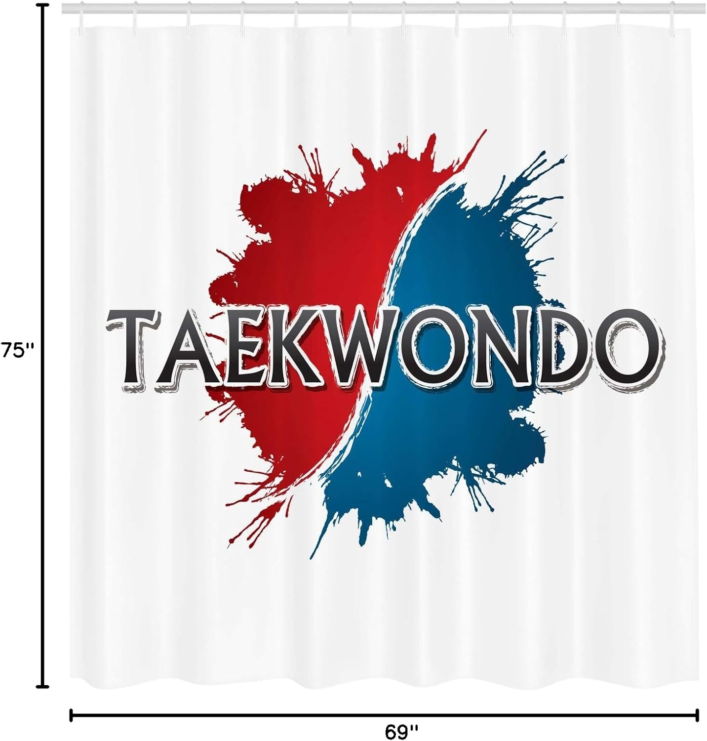 Lunarable Taekwondo Shower Curtain, Abstract Splashed Art Typography Motif Pattern on Plain Backdrop, Cloth Fabric Bathroom Decor Set with Hooks, 69" W x 75" L, White Blue and Vermilion