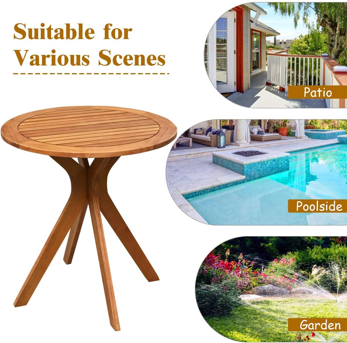 Tangkula 27 Inch Eucalyptus Wood Outdoor Patio Bistro Table, Round Wooden Table w/X Base, Coffee Side Bistro Table for Garden, Backyard, Patio, Living Room (Teak) : Patio, Lawn & Garden