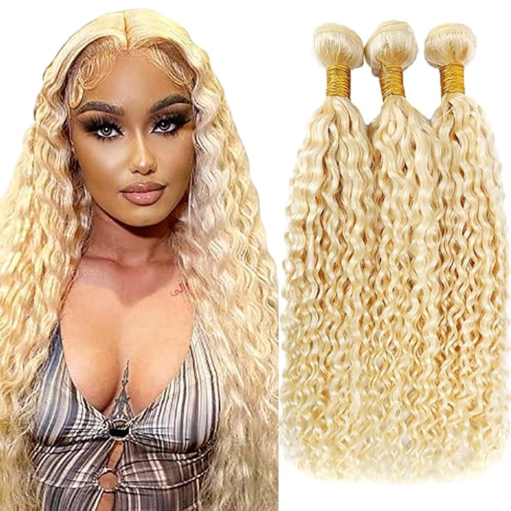 Tuheerst Water Wave Bundles Human Hair #613 Blonde Color Doubles Weft Weave 3 Bundles Total 150g Unprocessed Human Hair Extension 14 16 18 Inch