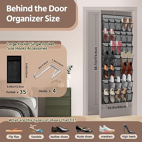 Miniatura 2 de Organizador de zapatos de 35 bolsillos para colocar sobre la puerta, bolsa grande de malla transpirable reutilizable para hombres y mujeres,