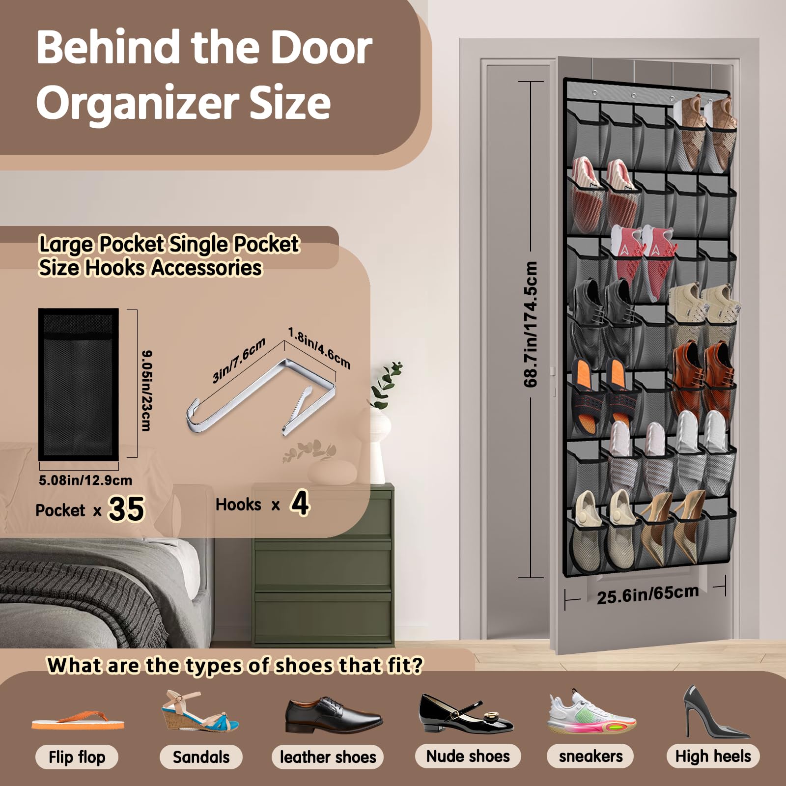 PAULONE Organizador de zapatos de 35 bolsillos sobre la puerta, bolsa de malla grande reutilizable transpirable para hombres y mujeres, organizador de zapatos para niños, bolsa colgante de
