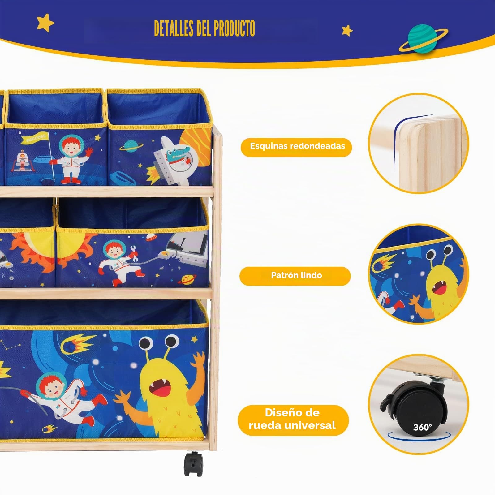 NUKied Estantería Infantil para Juguetes y Libros con Ruedas,6 Cajas de Tela no Tejida Extraíbles, para Sala de Juegos,Escuela, 64x 28 x 60 cm,Patrón Pequeño Monstruo