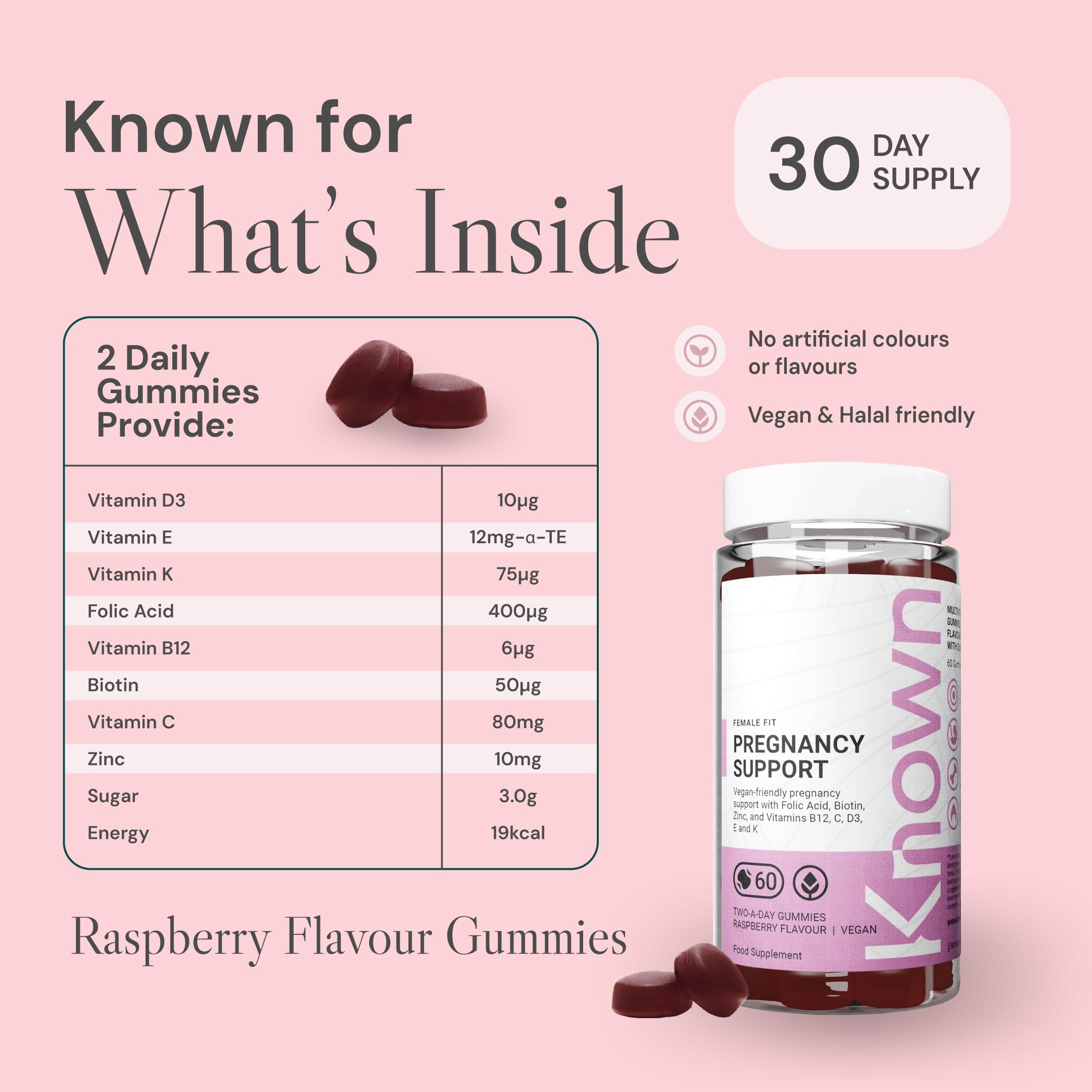Known Soutien Grossesse Gummies avec 400mcg Acide Folique – Saveur Framboise – Complément Gommes Végan Multivitamines Prénatales avec Vitamin D3, K, C, E, B12, Biotine & Zinc – Cure 1 Mois