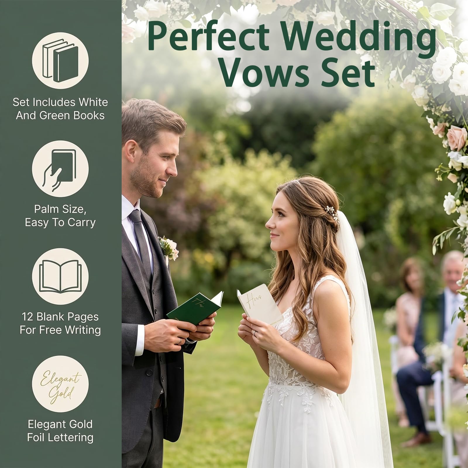 2 Cuadernos de votos de Boda Personalizados | diseñados especialmente para los novios — regalo de matrimonio. Cubiertas en color verde y blanco, 14 páginas por unidad.