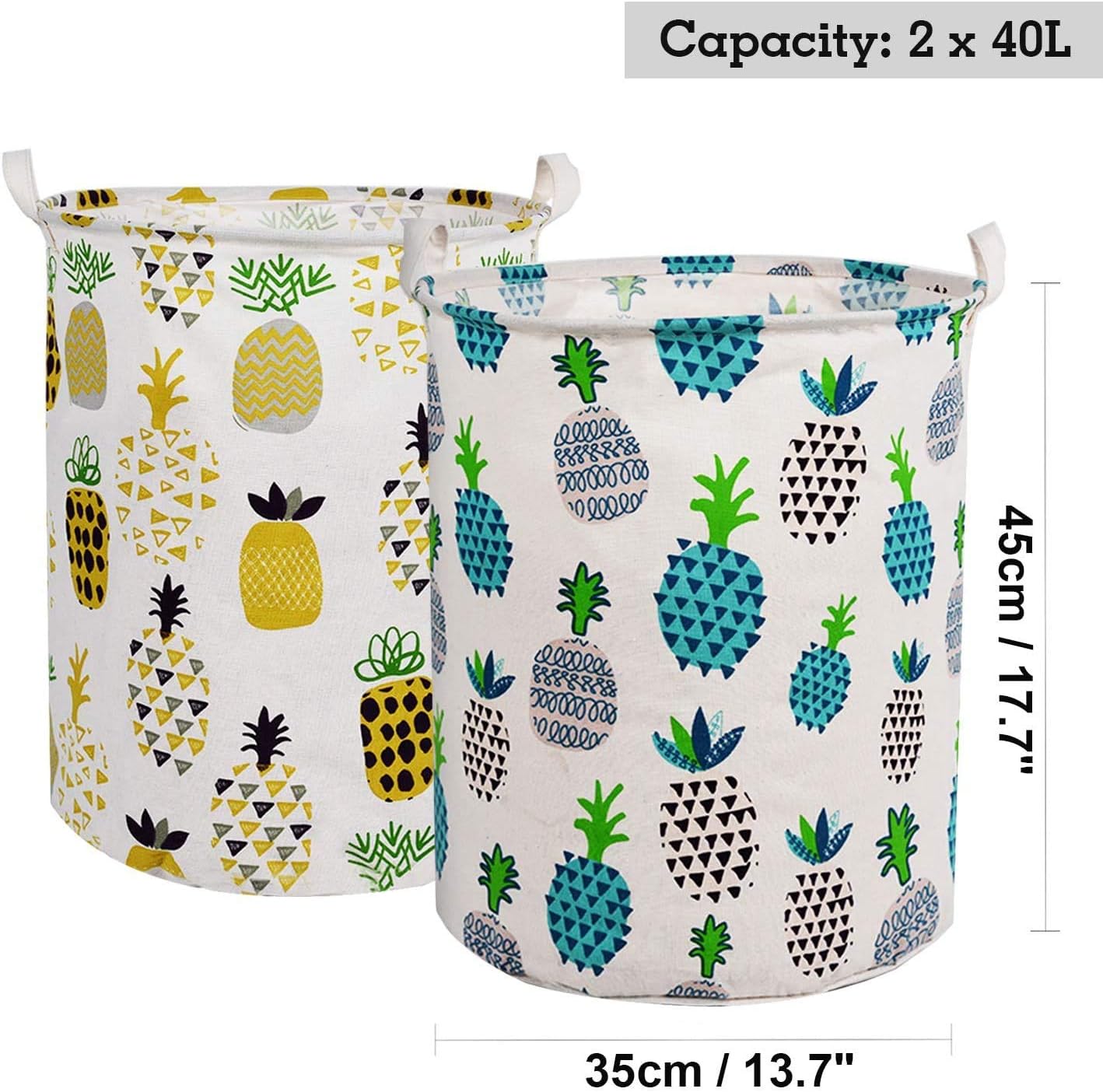 LessMo 2Pcs 17.7" Laundry Hamper, Collapsible Laundry Basket with Easy Carry Handles, Waterproof Round Cotton Linen, for Baby, Toys, Nursery, Bedroom Storage Hamper