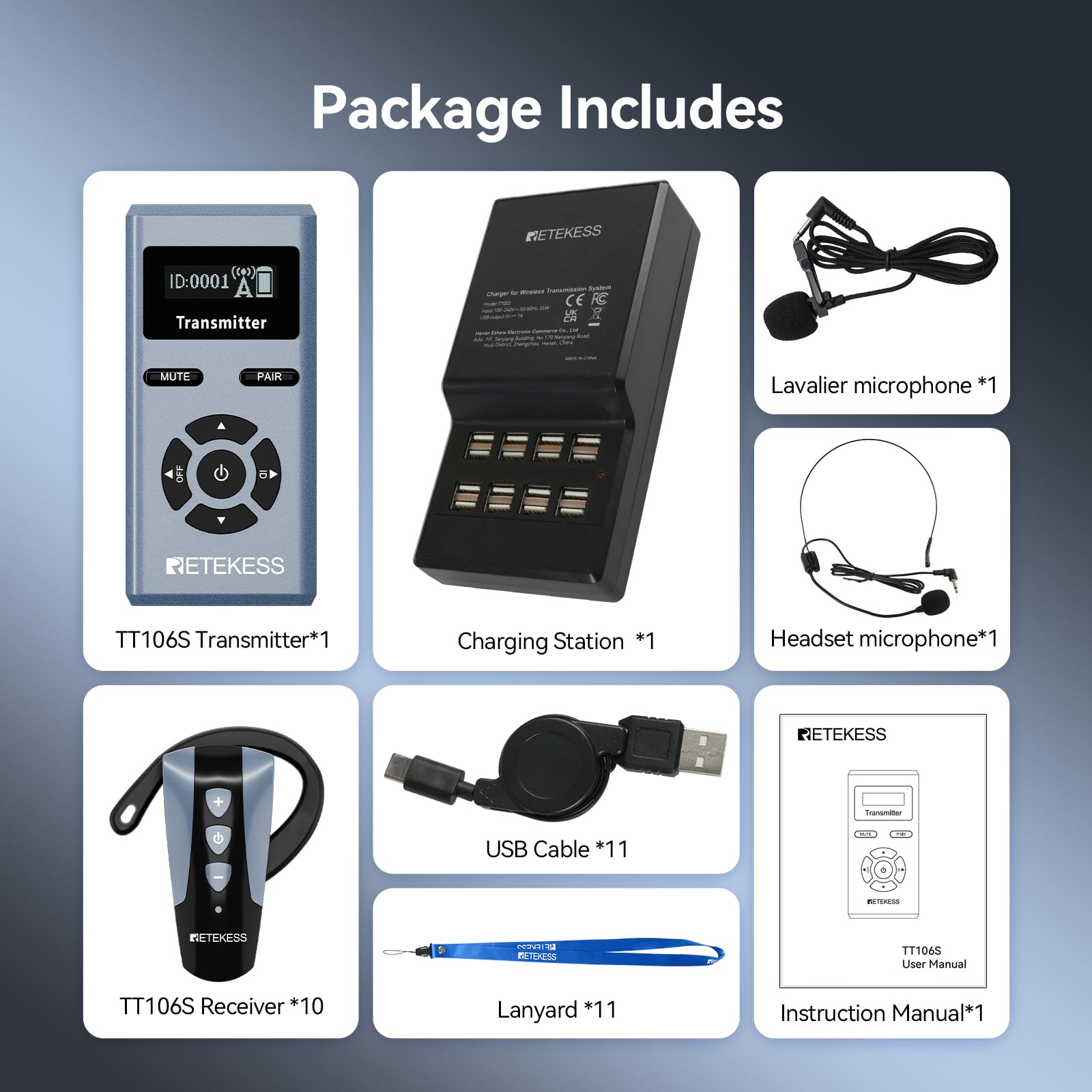 Retekess TT106S Bezprzewodowy System Tour Guide, Słuchawki z Zaczepem na Ucho, 2.4G, 200 m, Port Ladowania USB, dla Grup Turystycznych, Sesje Szkoleniowe (1 Nadajnik, 10 Odbiorników)