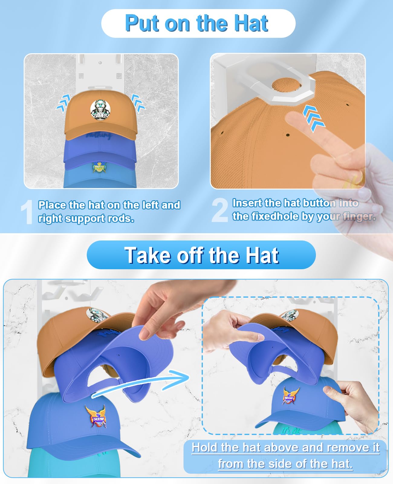 Eanyiikick Paquete de 2 organizadores de sombreros para gorras de béisbol, ganchos para sombreros para pared con capacidad para hasta 18 sombreros (blanco)