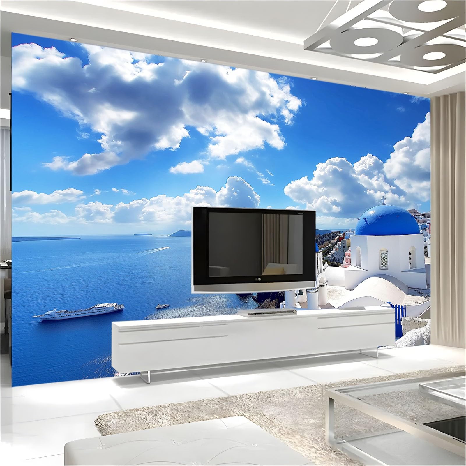 Blu Carta da Parati 3d Paesaggio dell'isola di Santorini in Grecia Fotomurali in TNT Sfondo Murale Moderne Decorazione Soggiorno Camera de Letto Sala Ufficio TV Sfondo 300x210 cm