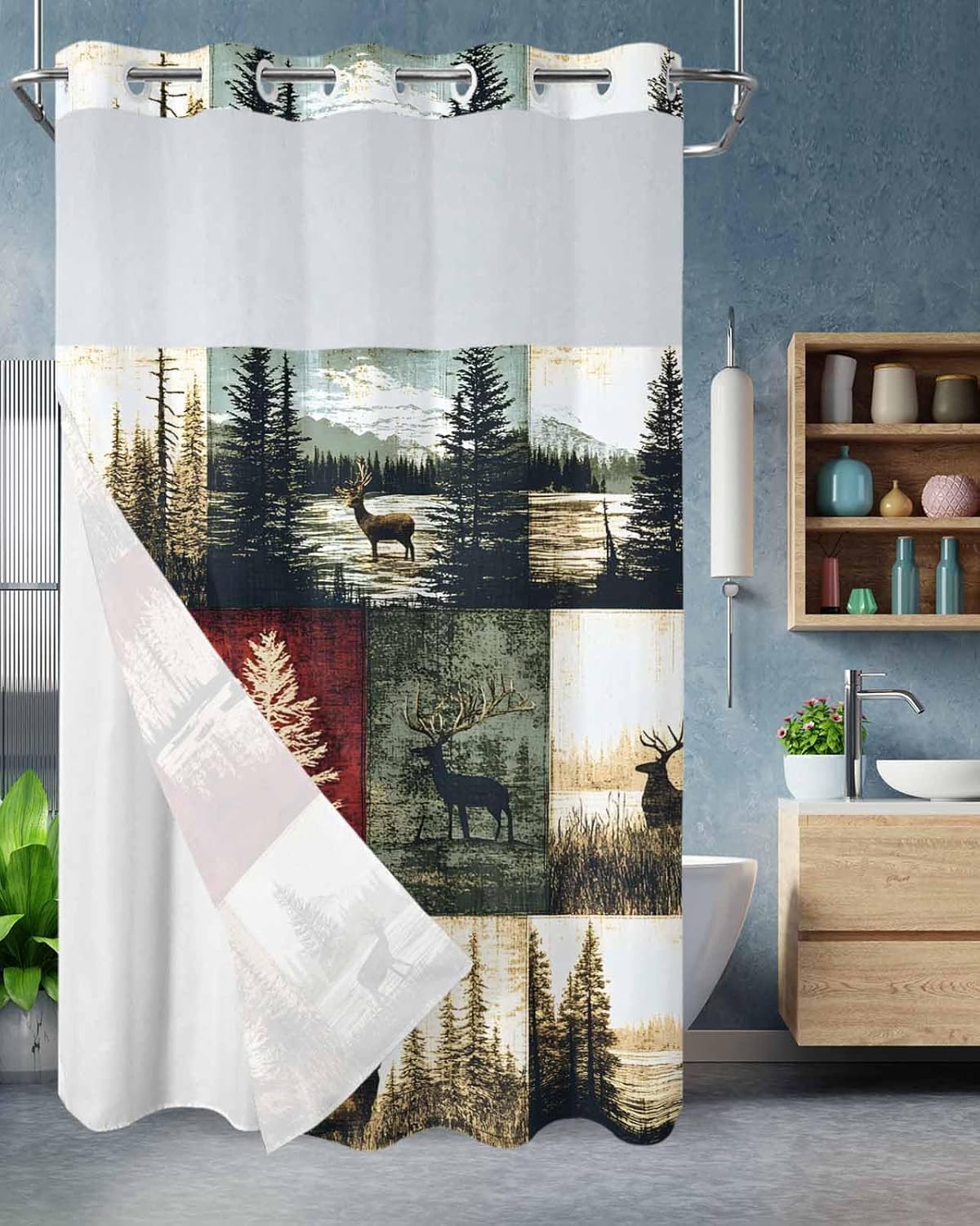 Forest Deer Shower Curtain, No Hook Shower Curtain with Snap in Liner, Vintage Landscape Patchwork Shower Curtains for Bathroom with See Through Top Window, Waterproof & Washable, 36x72 Inch