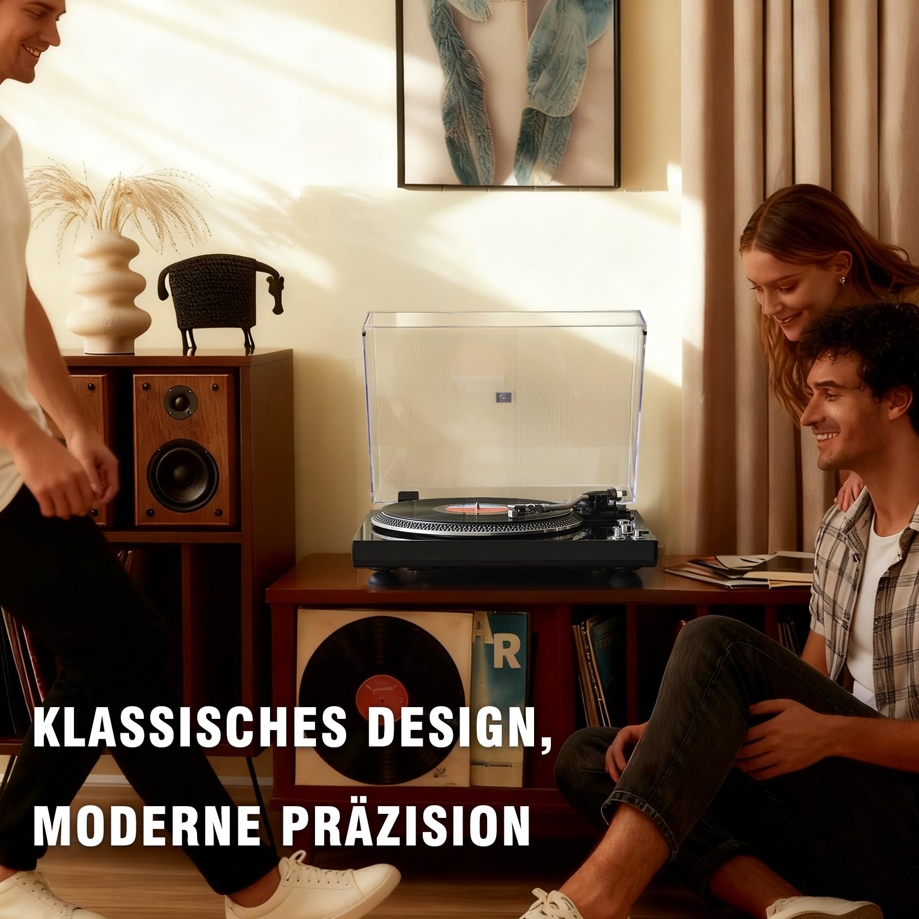 Hi-Fi Riemenantrieb Plattenspieler mit Premium-Tonabnehmer, Pitch-Control ±10%, Auto-Return Tonarm, 33/45 RPM Vinyl Player, Hochglanz Schwarz