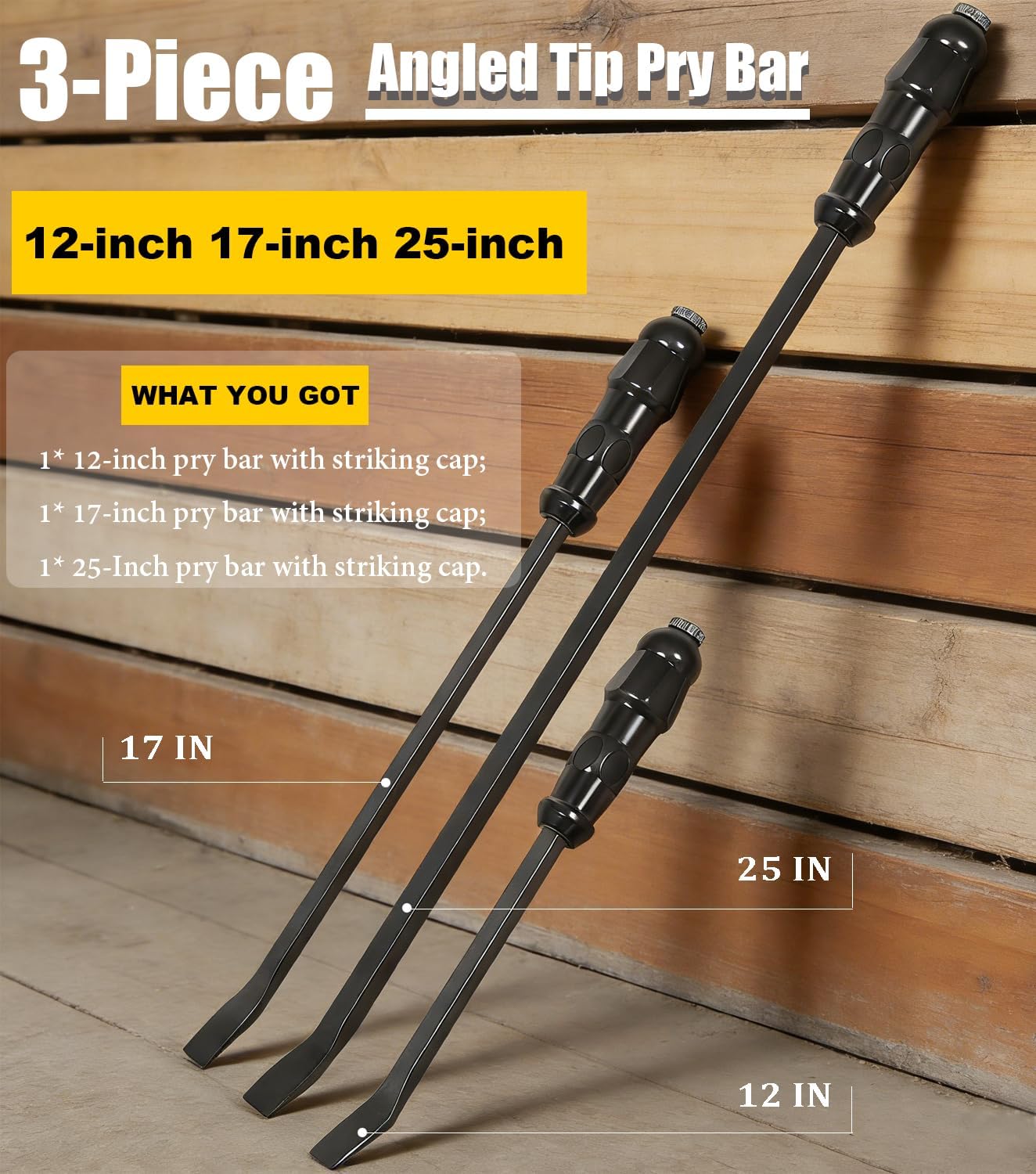 Angled End Handled Pry Bar with Striking Cap Set Steel, 3-Piece (12, 17, 25 in.), LSQ42103 Angled Tip Pry Bar Heavy Duty with Padded Rubber Handle