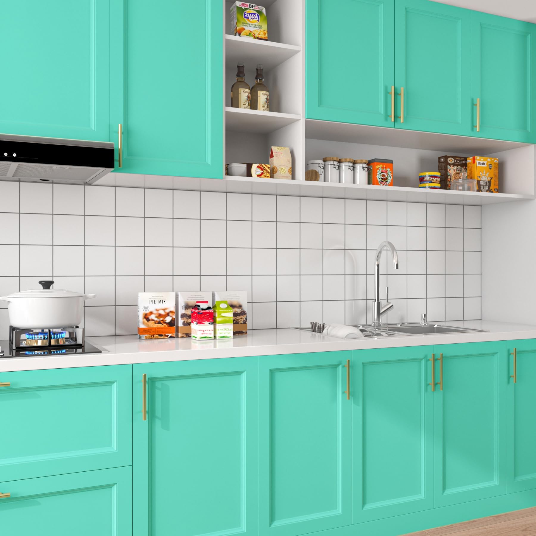 Cuisine Vert Bleu Modernisée avec le Papier Peint Adhésif FunStick Mural