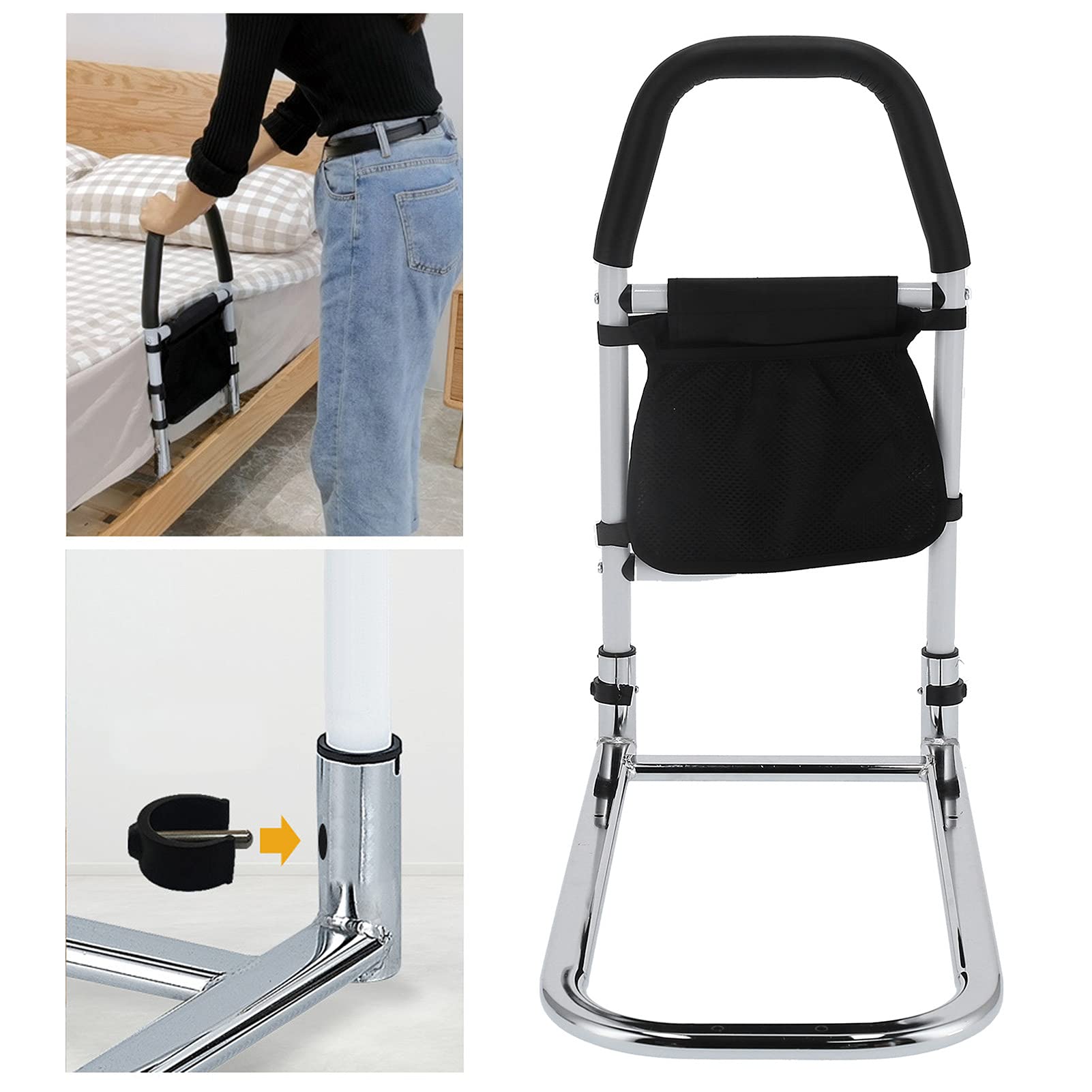 Naroote Barandilla de Cama para Personas Mayores con Protector de Mano y Bolsa de Almacenamiento Asistencia Segura para Subir y Bajar Fabricada de Acero Al Carbono 20.7x10.6x23.6in