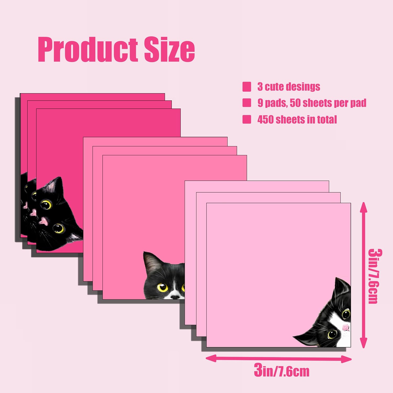 9 Pads Black Cat Sticky Notes Set,3x3in Pink Self-Stick Note Pads, Super Adhesive Memo Pads Cute Note Card for Cat Lover Gift, Teacher Office and School Supplies image 3