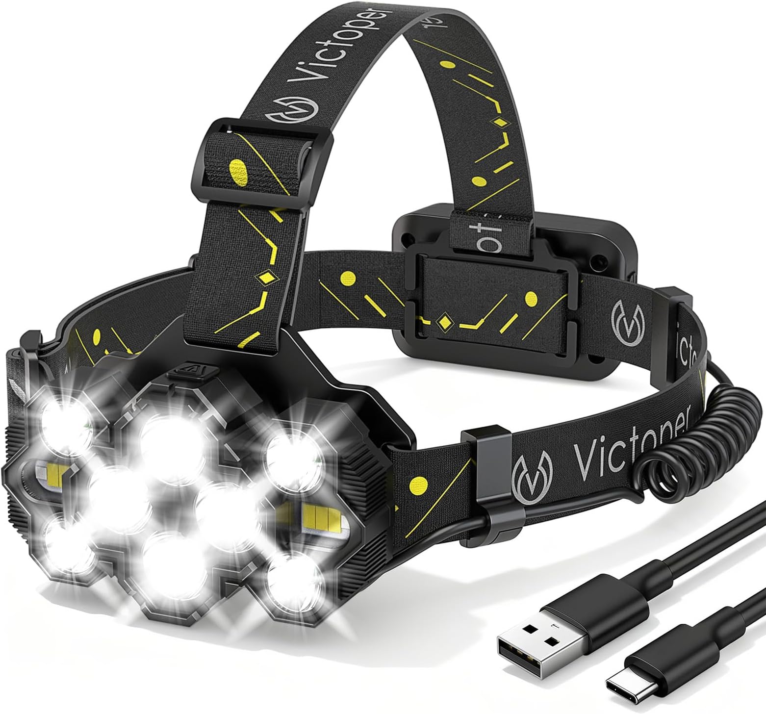 Headlamp Rechargeable, High Lumen Bright 10 LEDs Head Lamp, 8+2 Modes Head Light with Red Light for Adult, Waterproof Head Flashlight for Outdoor Running, Hunting, Camping, Hiking