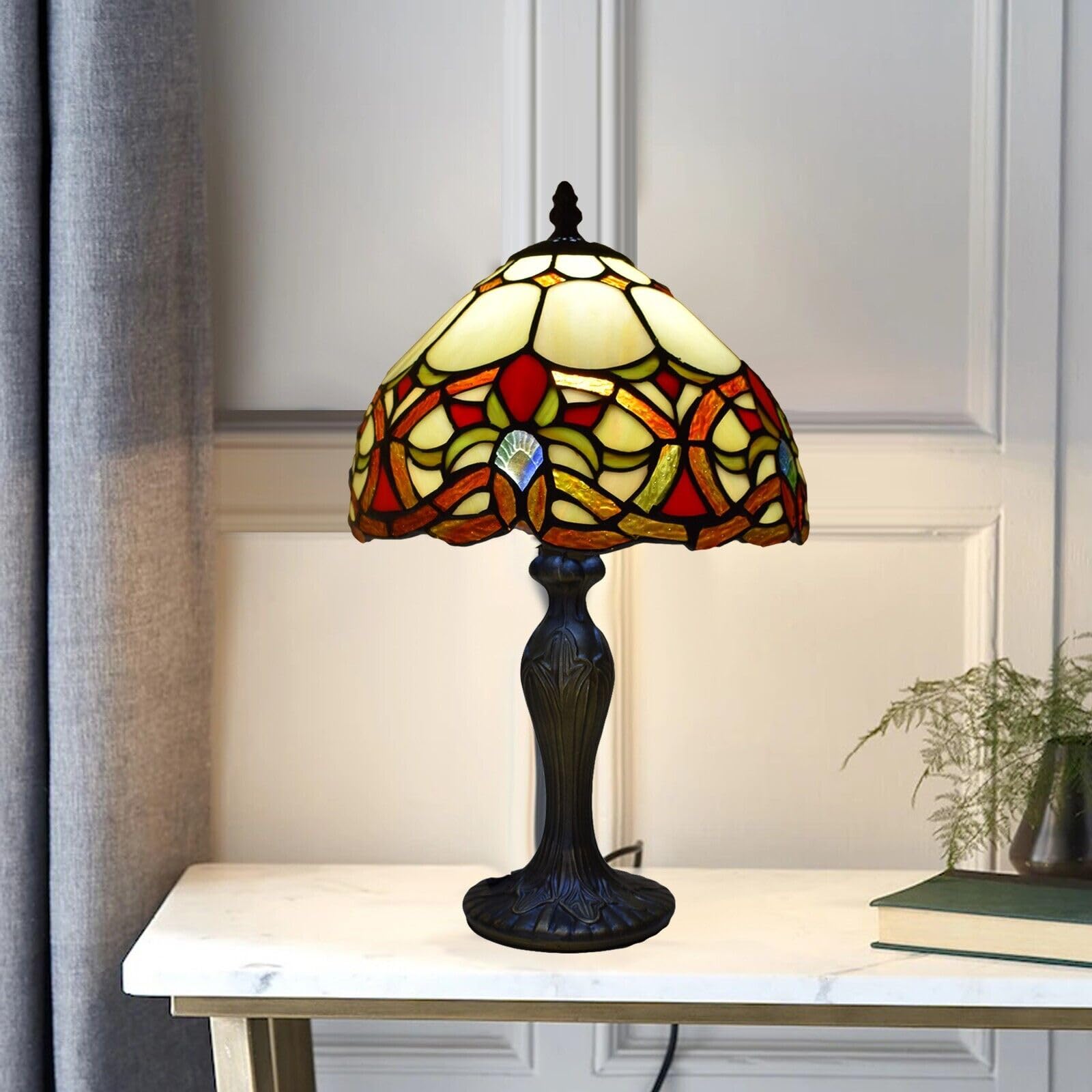 TIFFORA Tiffany Table Lamp – Stained Glass Bedside Lamp, Vintage Art Deco Desk Light for Bedroom, Living Room & Reading, 10 Inch, E27 LED Bulb Compatible Tiffany Style Lamps