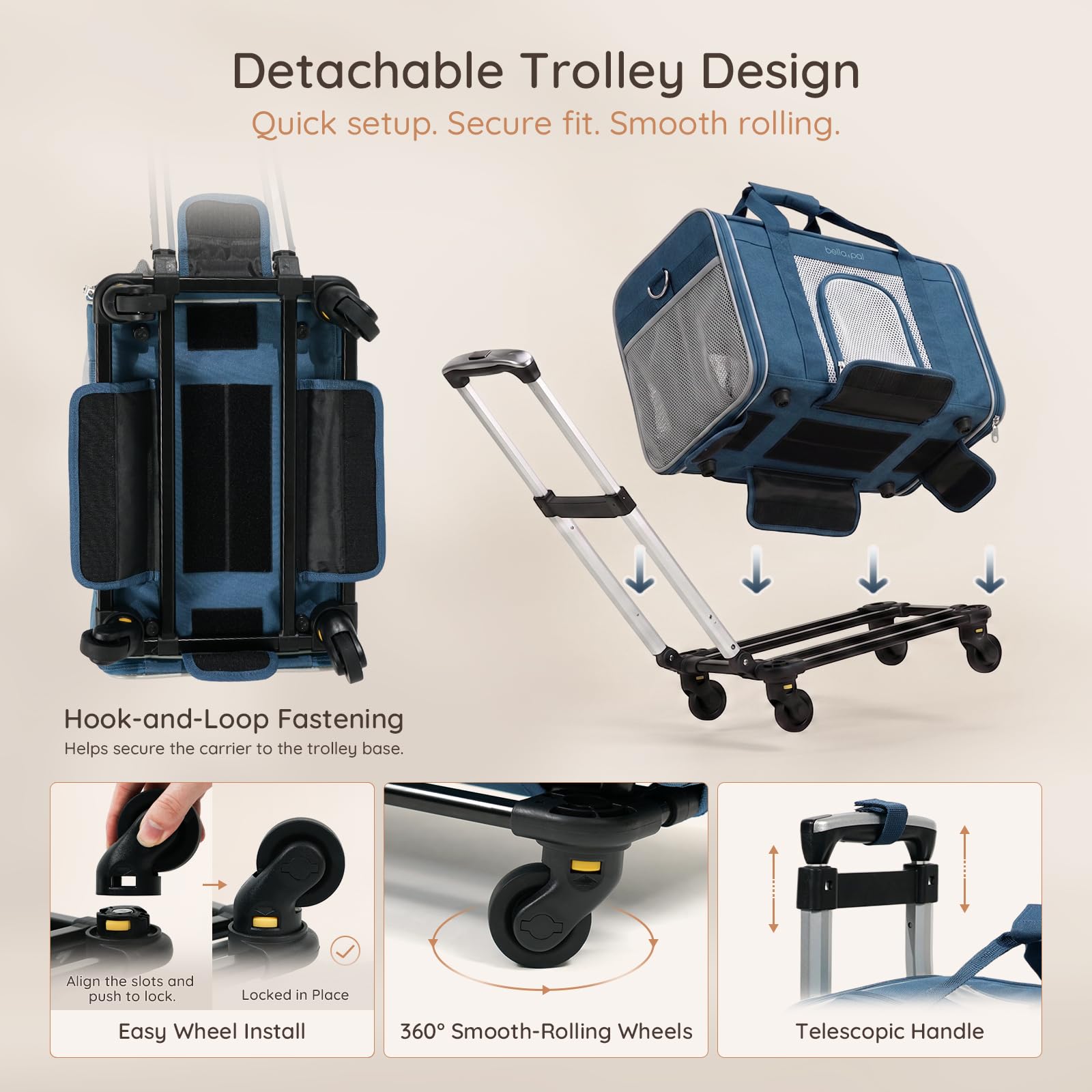 BELLA & PAL Sac de Transport Chat avec roulettes 45x28x28 cm | Trolley pour Chat & Petit Chien | Sac Pliable Homologué Avion avec Chariot Amovible, Fermetures Auto-Bloquantes & 3 Accès