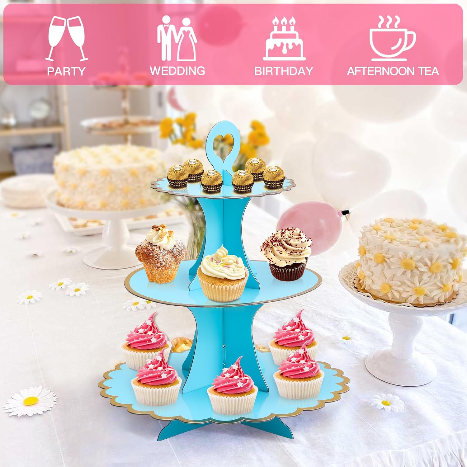 Soleebee 3-Tier Cupcake Stand, Cardboard Cupcake Tower, Cup Cake Stand Tower for Birthday Wedding Party Decoration, Cupcake Tier Stand Desserts Display 2 Set (Blue Gold) image 5