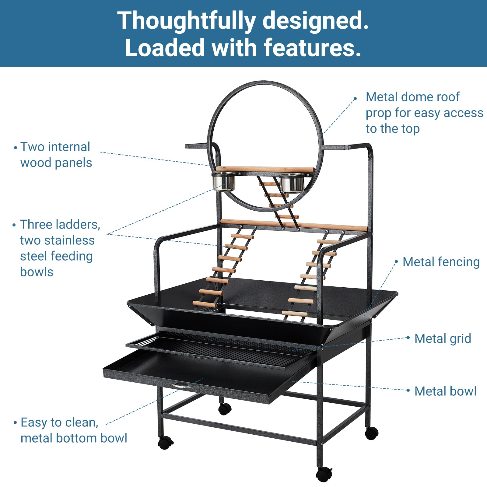 Pet Products Parrot Playstand with Wheels, Bird Cage Stand Activity Play Center with Perches and Ladders, Indoor Outdoor Playground for Birds, Black Hammertone Finish