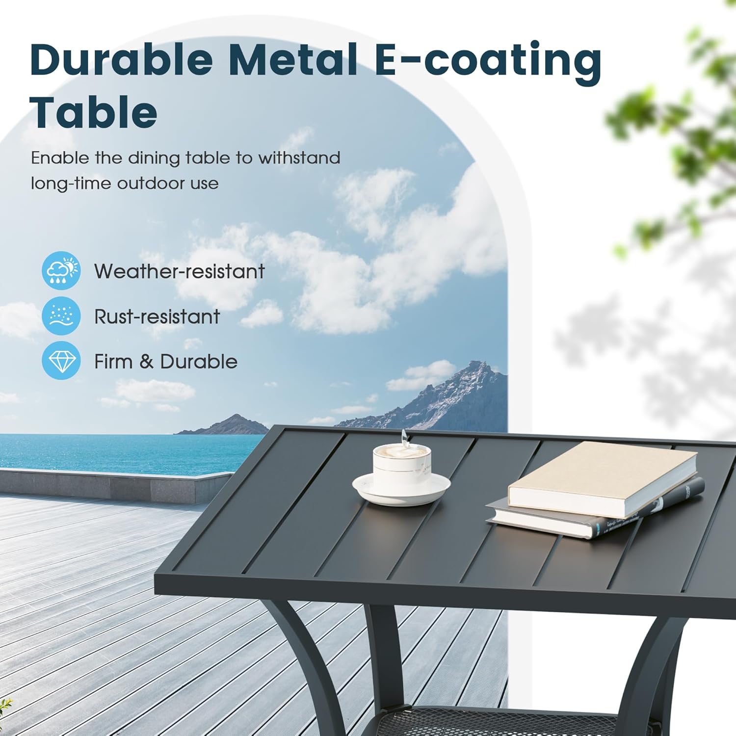 3 Pieces Outdoor Patio Dining Bar Set, 27.6" All Weather Square Metal Slatted Table with Storage Shelf and 2 High Back Textilene Swivel Chairs for Garden, Lawn, Black Table & Blue Chairs