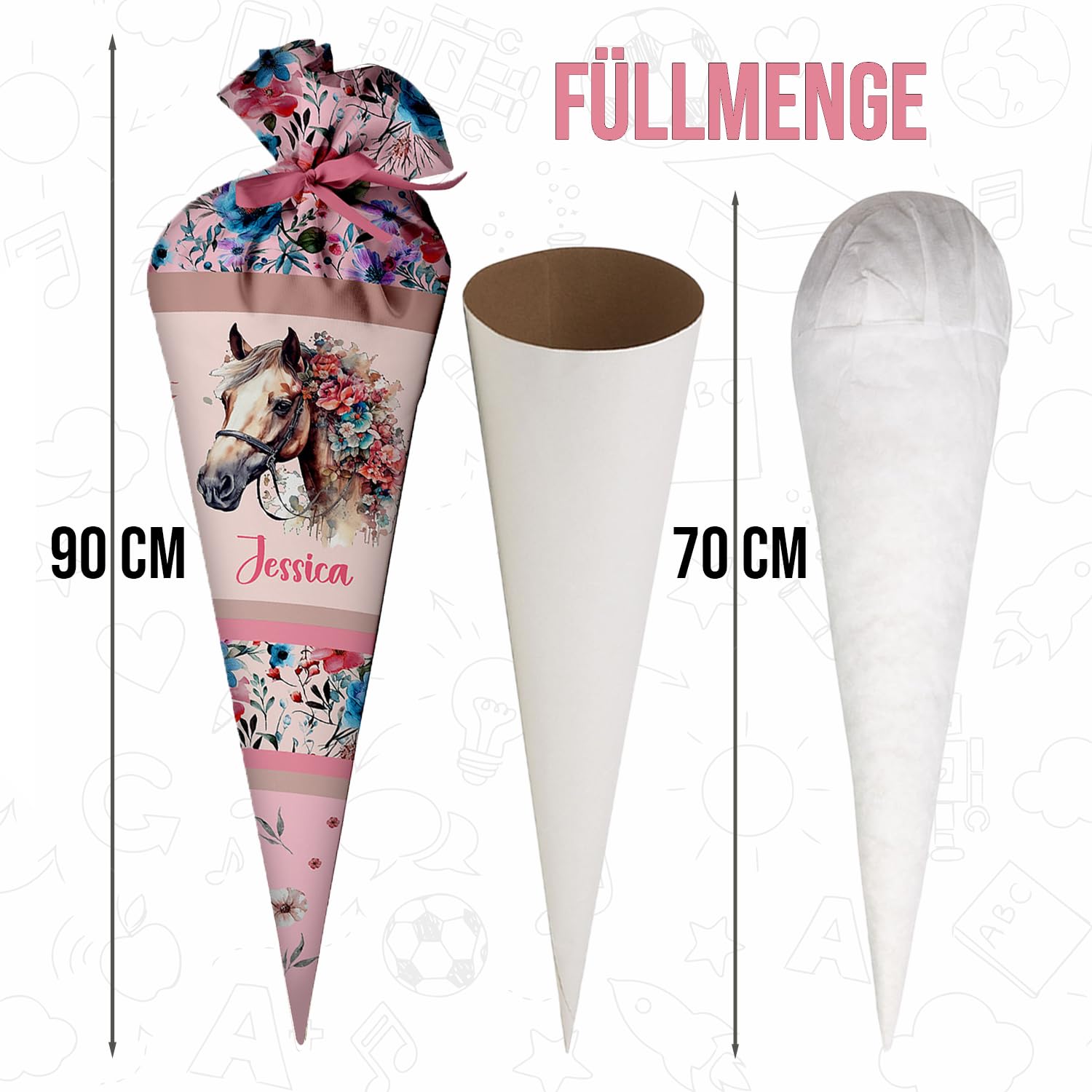 Schultüte Pferd mit Blumen aus Stoff 70 cm Personalisierte Zuckertüte mit Namen runde Papprohling Silikonkügelchen Kissen