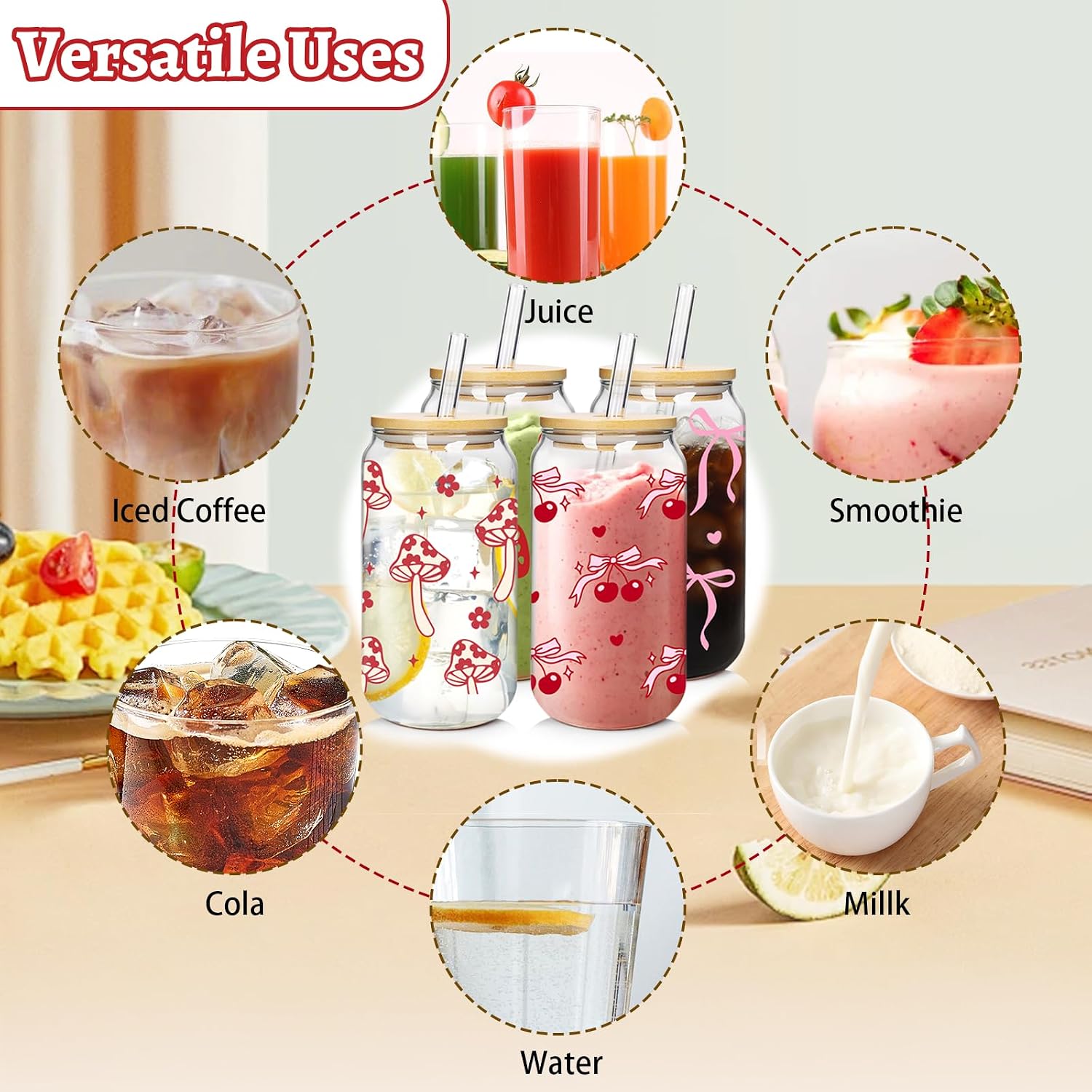 Mason Life Coquette Cute Glass Cup 4Pack 18oz Drinking Smoothie Tumbler image 3