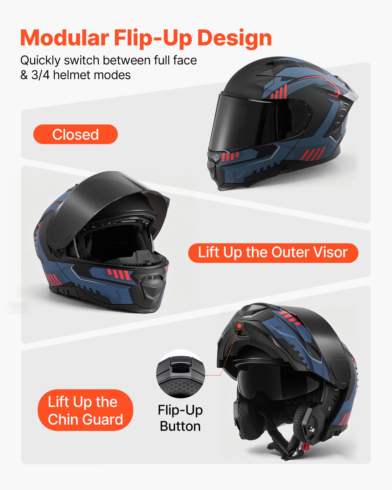 VEVOR Casco Modular de Moto Talla M, Casco de Motocicleta Modular con Visera Doble, Carcasa de ABS, Ligero y Cómodo para Adultos, para Motocross y Motociclismo Urbano, Homologado por Dot y ECE