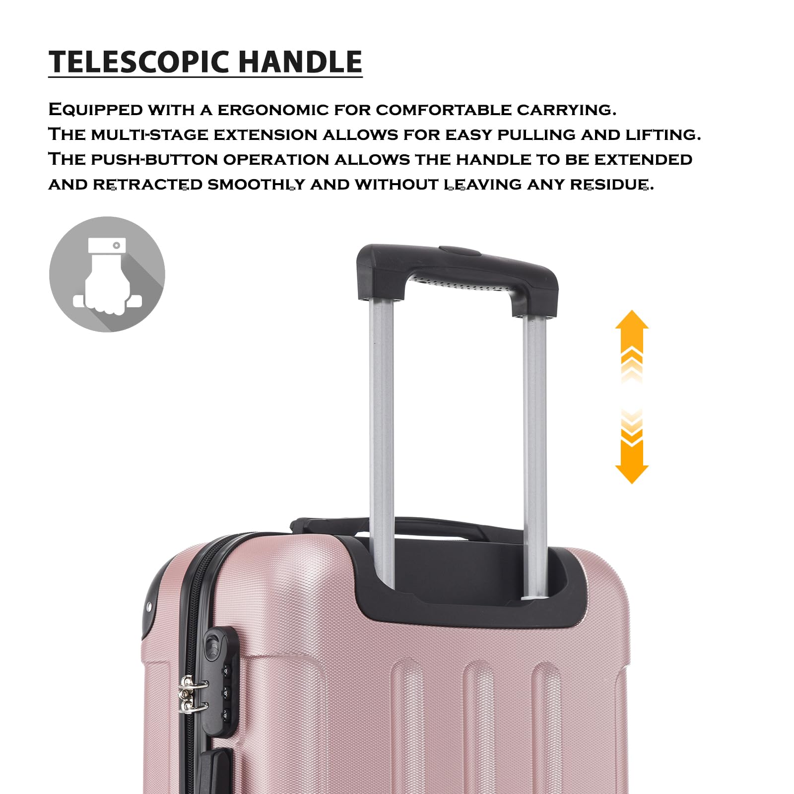 Trolley Koffer Suitcase, Reisekoffer, Rollkoffer Handgepäck, Hartschalenreisekoffer mit 4 Rollen 360°, Zahlenschloss, Weicher Gummigriff für Reisen, Camping (M, Roségold)