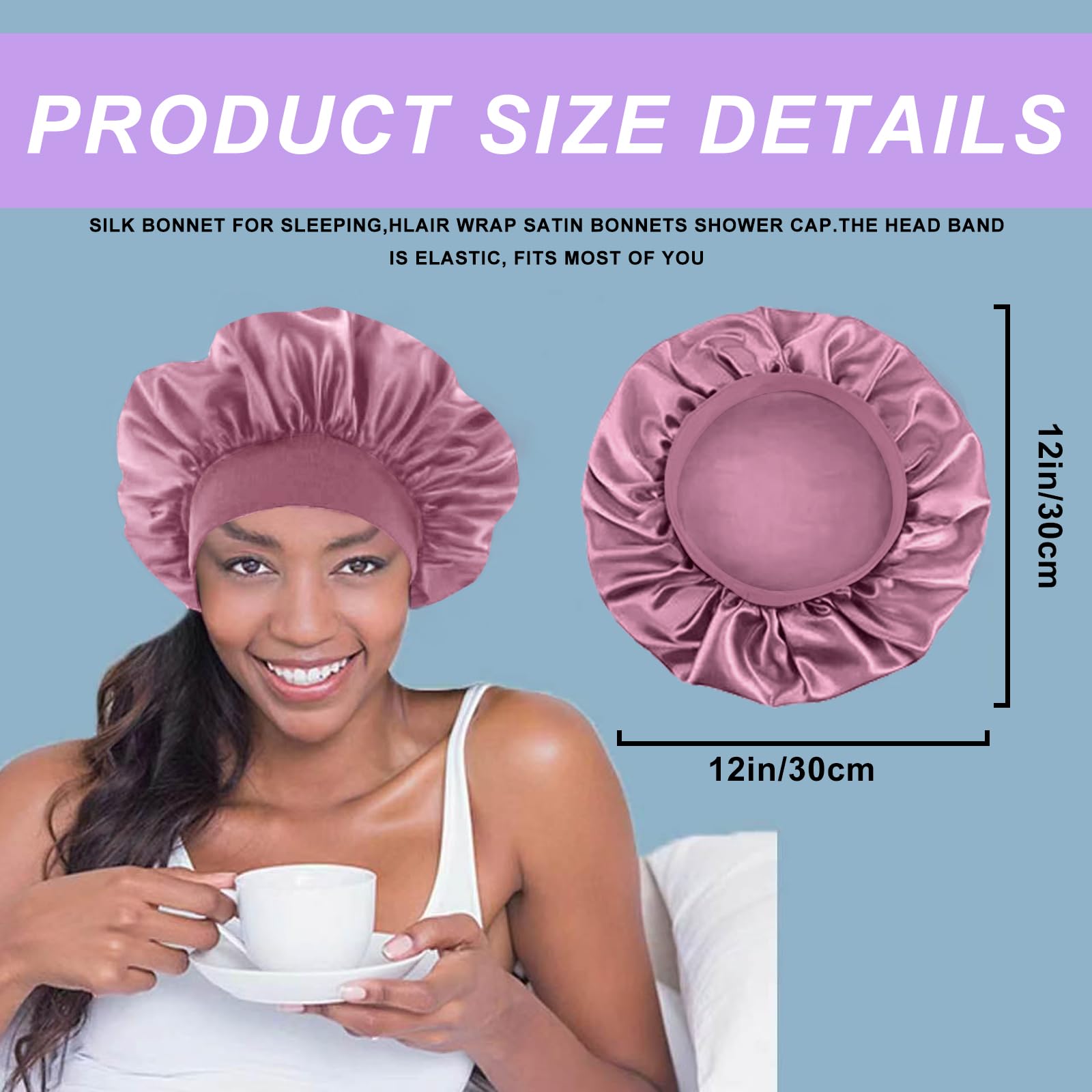 4PCS Silk Bonnet for Sleeping,Hair Wrap Satin Bonnets Shower Cap for Black Women Men Elastic Wide Band Bonnet Cap for Sleeping Curly Hair(Black & Bean Paste Pink & Purple & Brown) - Image 2