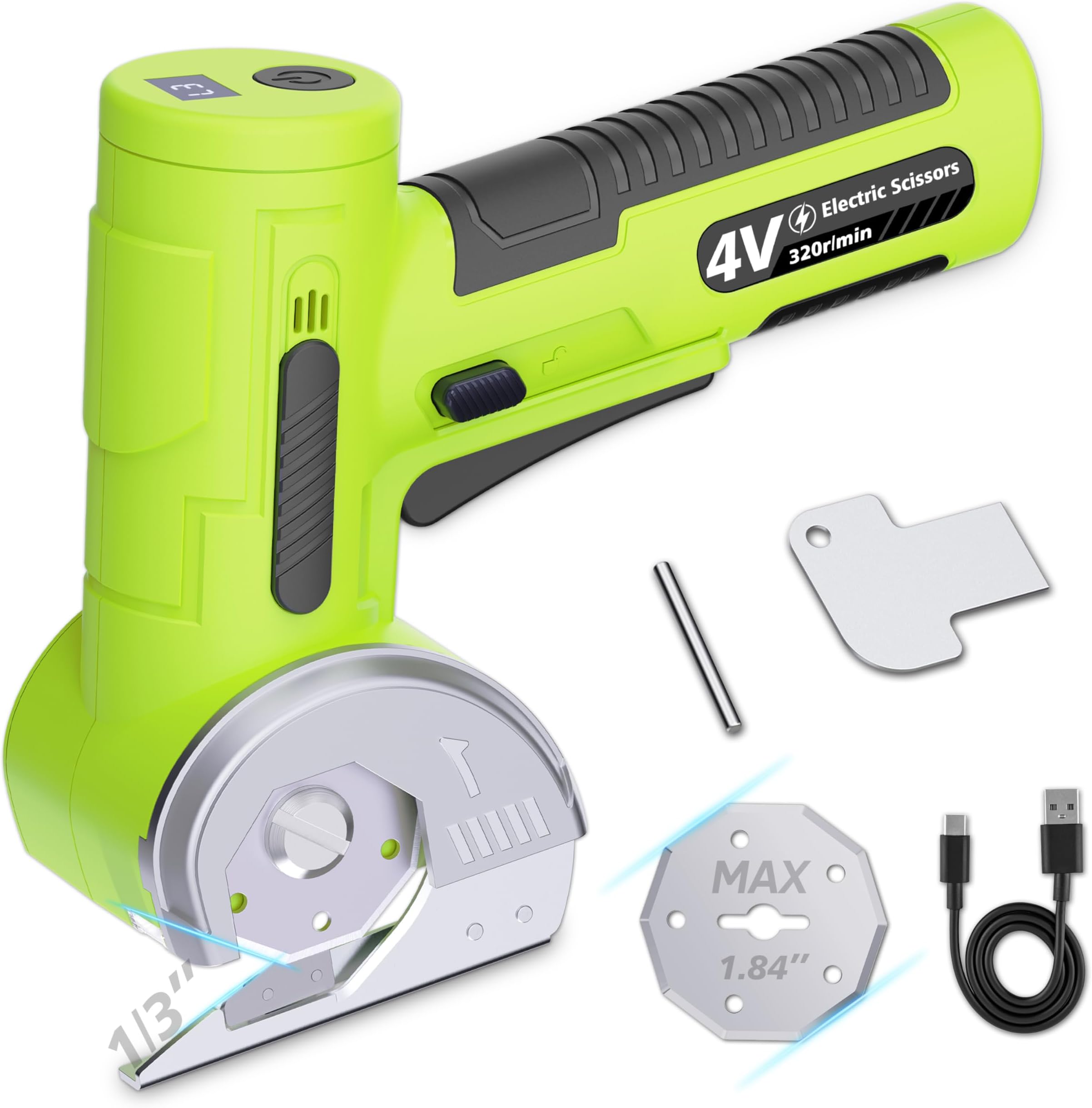 2026 Upgraded Cordless Electric Scissors - Oversized 1.84" Tungsten Blade, Wider Opening & 1/3" Max Cut, 320RPM, 3-Speed Powerful Rotary Cutter for Cardboard, Fabric, Leather & DIY Crafts, Green