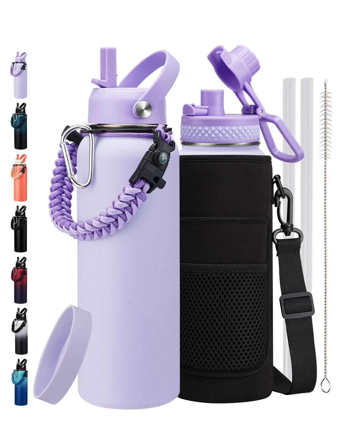 40 oz Insulated Water Bottles with Straw - Paracord Handle & Strap Carrier, 40 oz Metal Flask Keep Cold 48Hrs, Vacuum Thermal Jug with Sling Bag for
