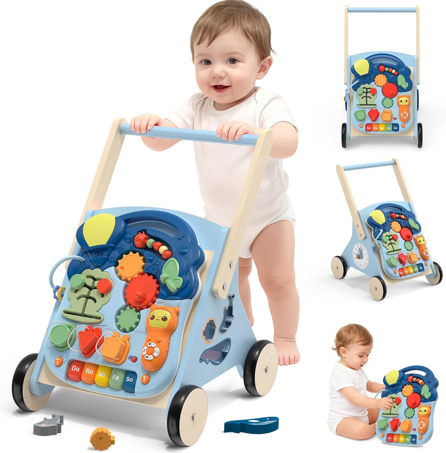 2 in 1 Wooden Baby Walker and Activity Center for Girls Boys Sit-to-Stand Learning Toy Kids Montessori Educational Push Toys with Music Detachable Busy Keyboard for Toddlers Blue