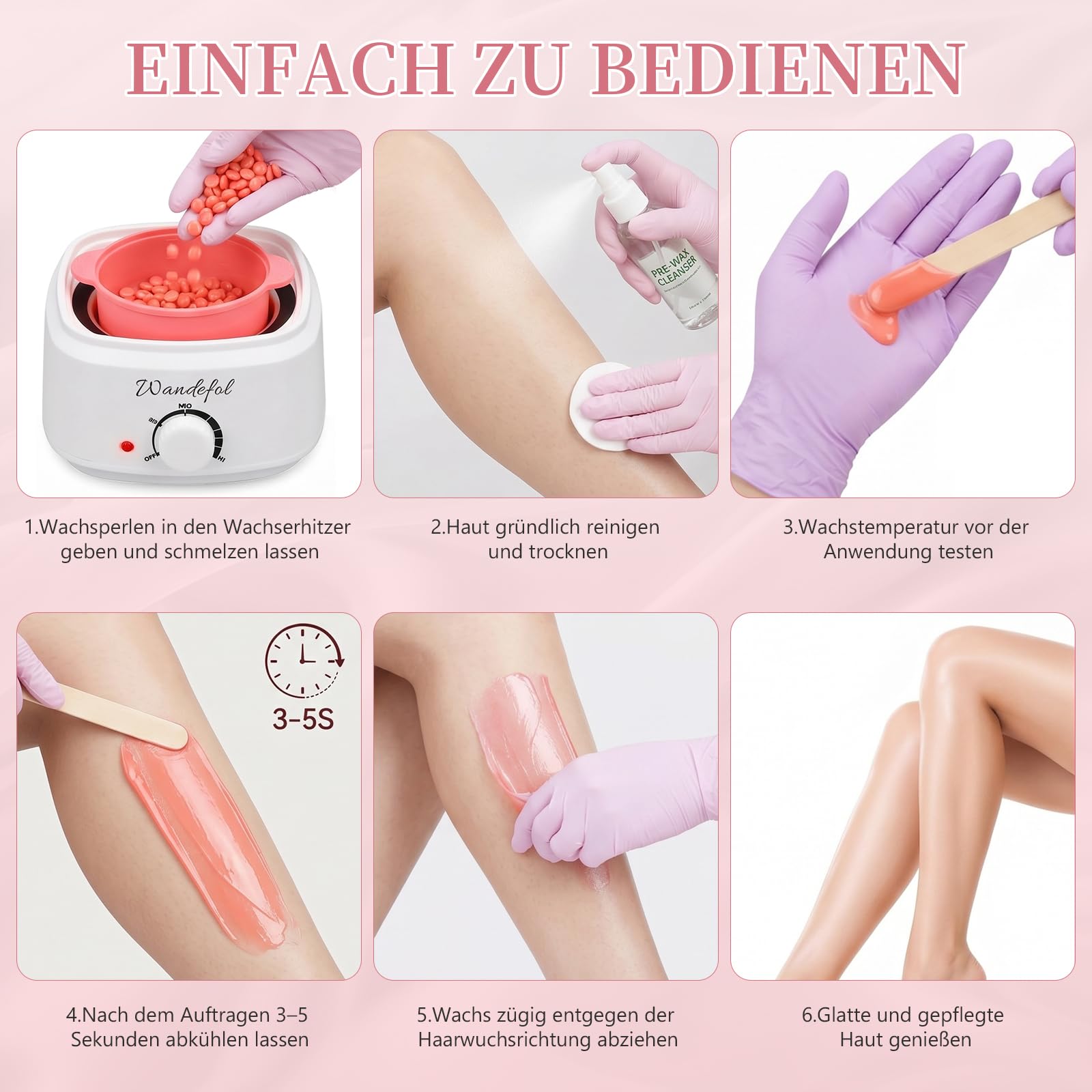 Waxing Set Wax Maschine - Warmwachs Haarentfernung Waxing Kit mit 4X100g Waxing Perlen, Silikonschale, Holzspateln - Wachswärmer Wachskocher für Gesicht, Körper & Intimbereich
